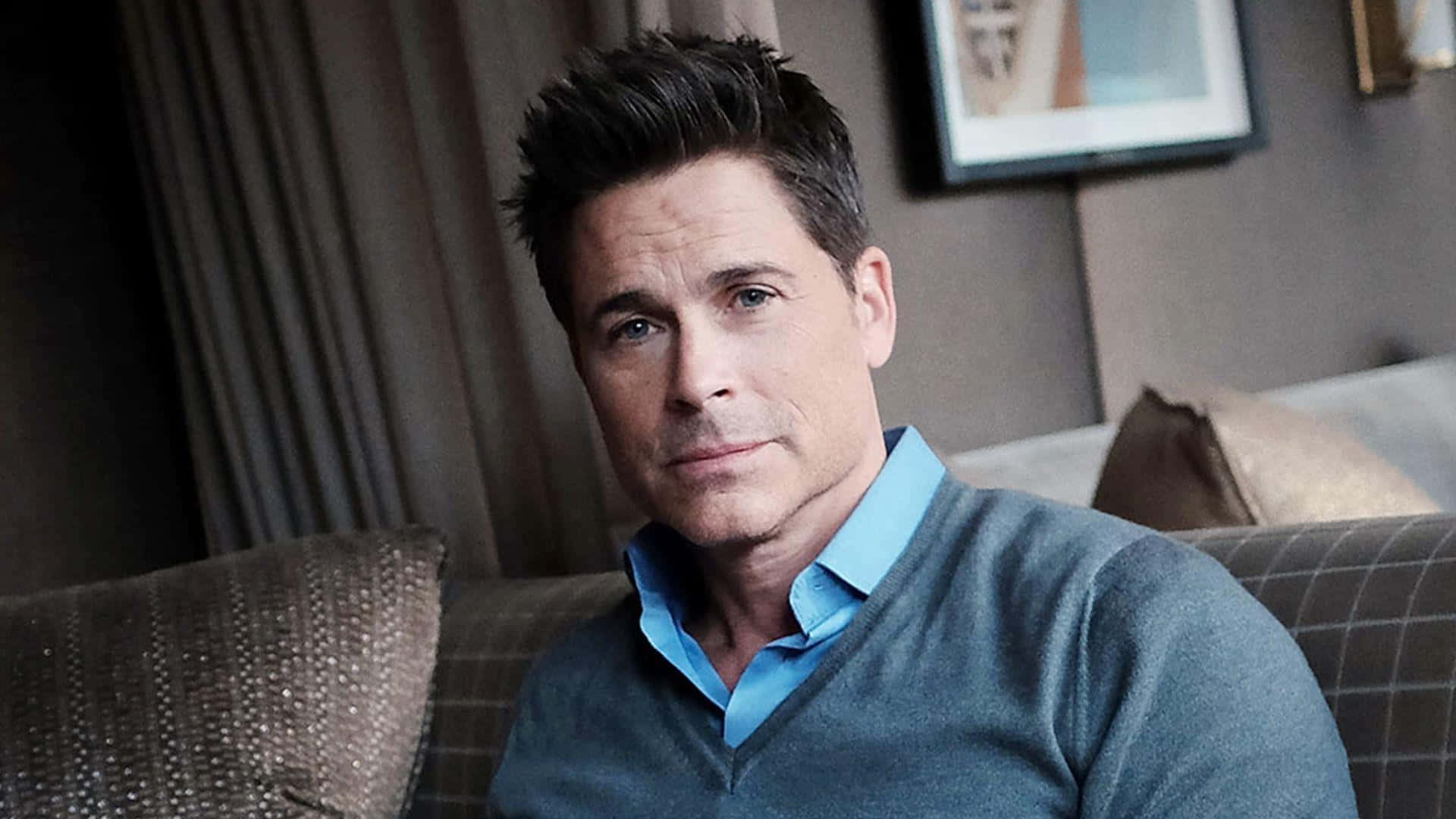 Rob Lowe, blue shirt, gray sweater, Full HD Desktop Wallpaper