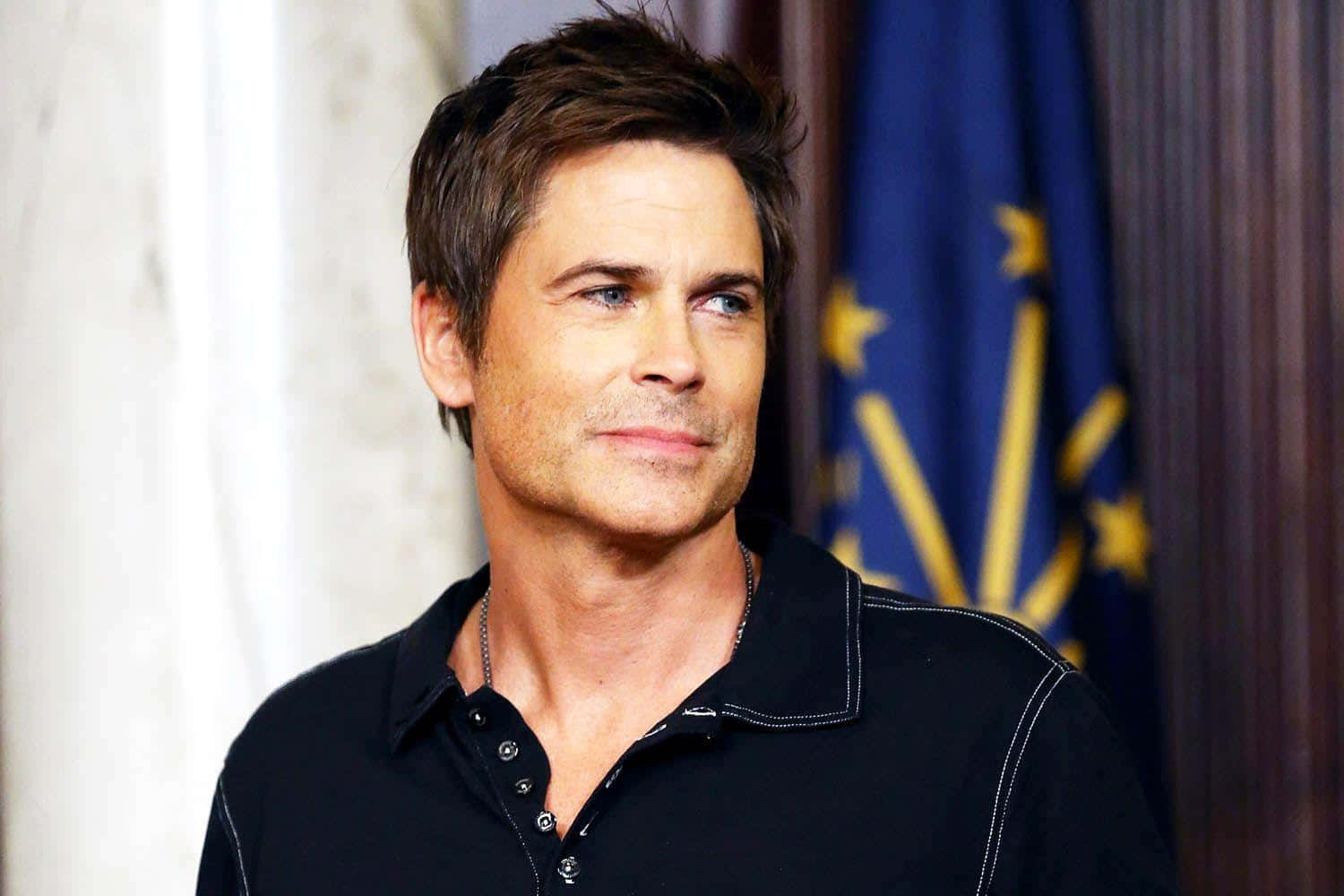 Rob Lowe, blue flag with gold stars, wooden panels, HD Desktop Wallpaper