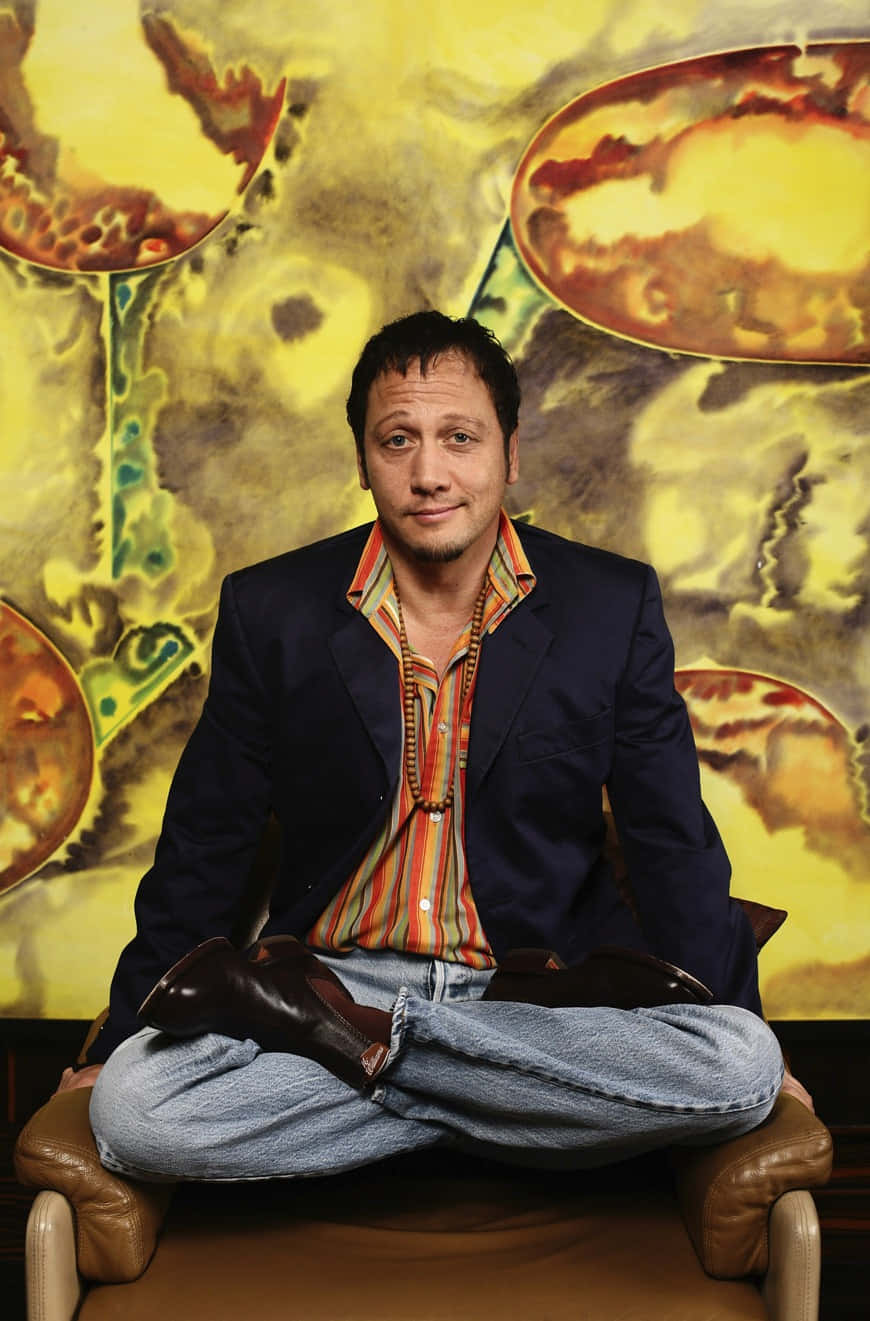 Rob Schneider, leather chair, vibrant abstract yellow and orange painted wall, HD Phone Wallpaper