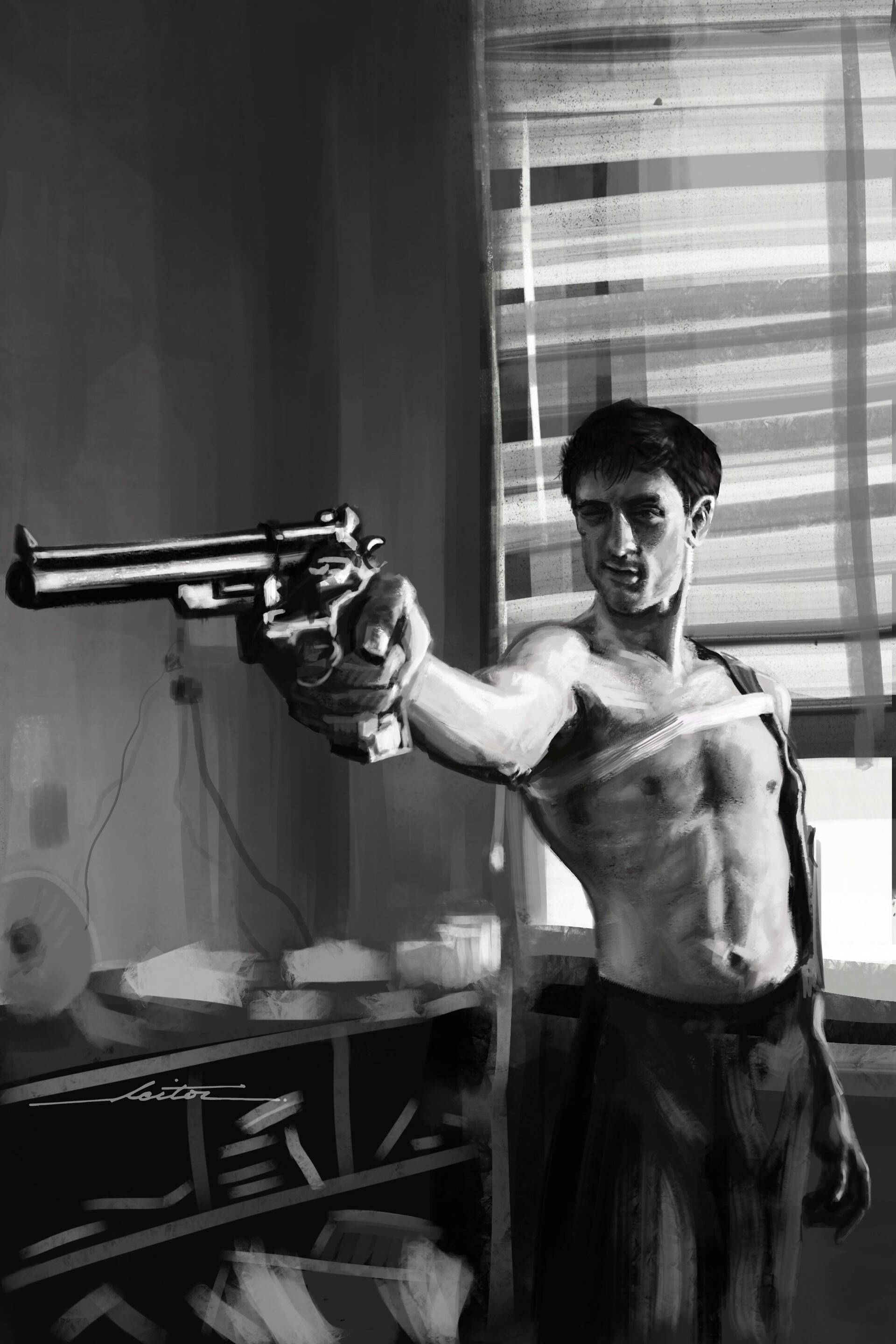 Robert De Niro, revolver, window with blinds, 2K Phone Wallpaper