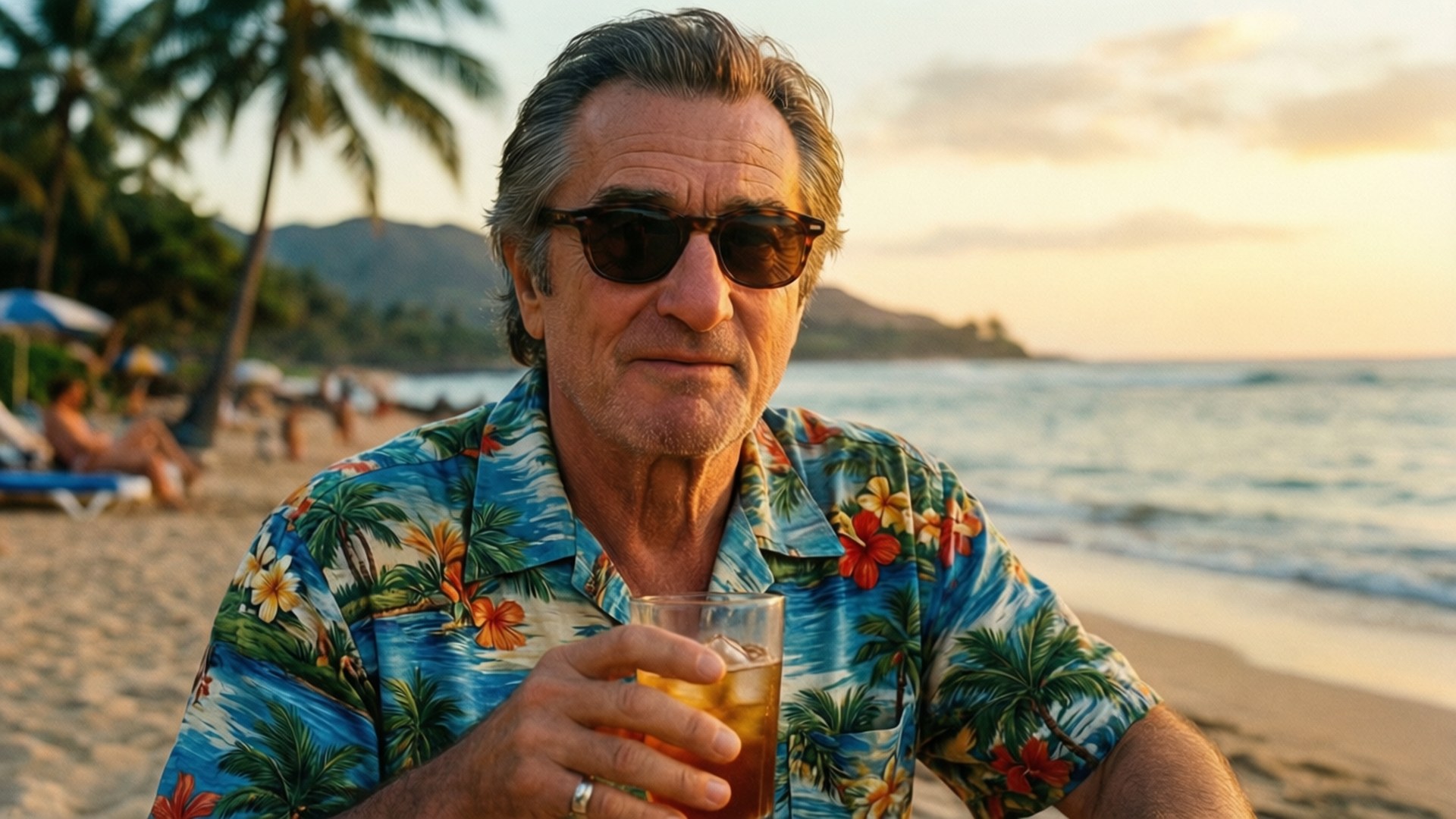 Robert De Niro, sandy beach, sunset, Full HD Desktop Wallpaper