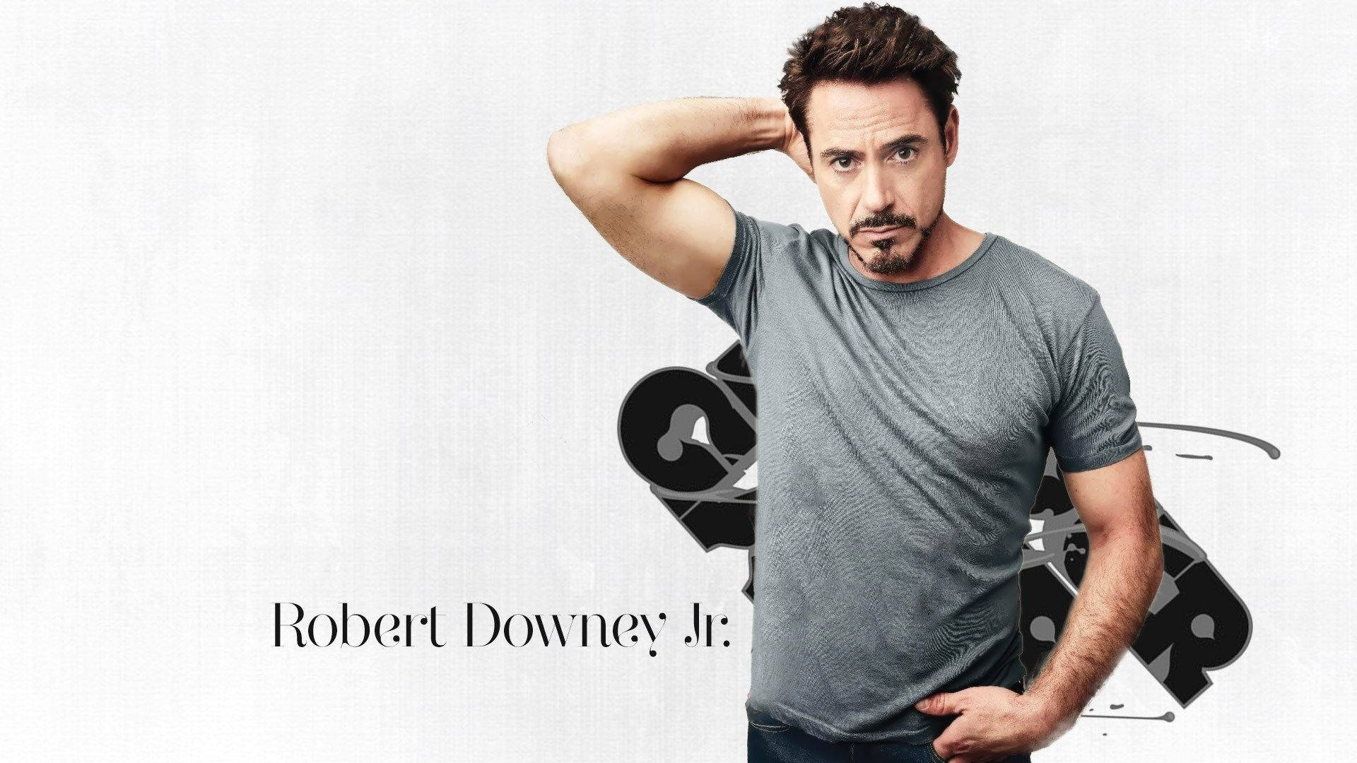 Robert Downey Jr., gray t-shirt, textured white background, Full HD Desktop Wallpaper