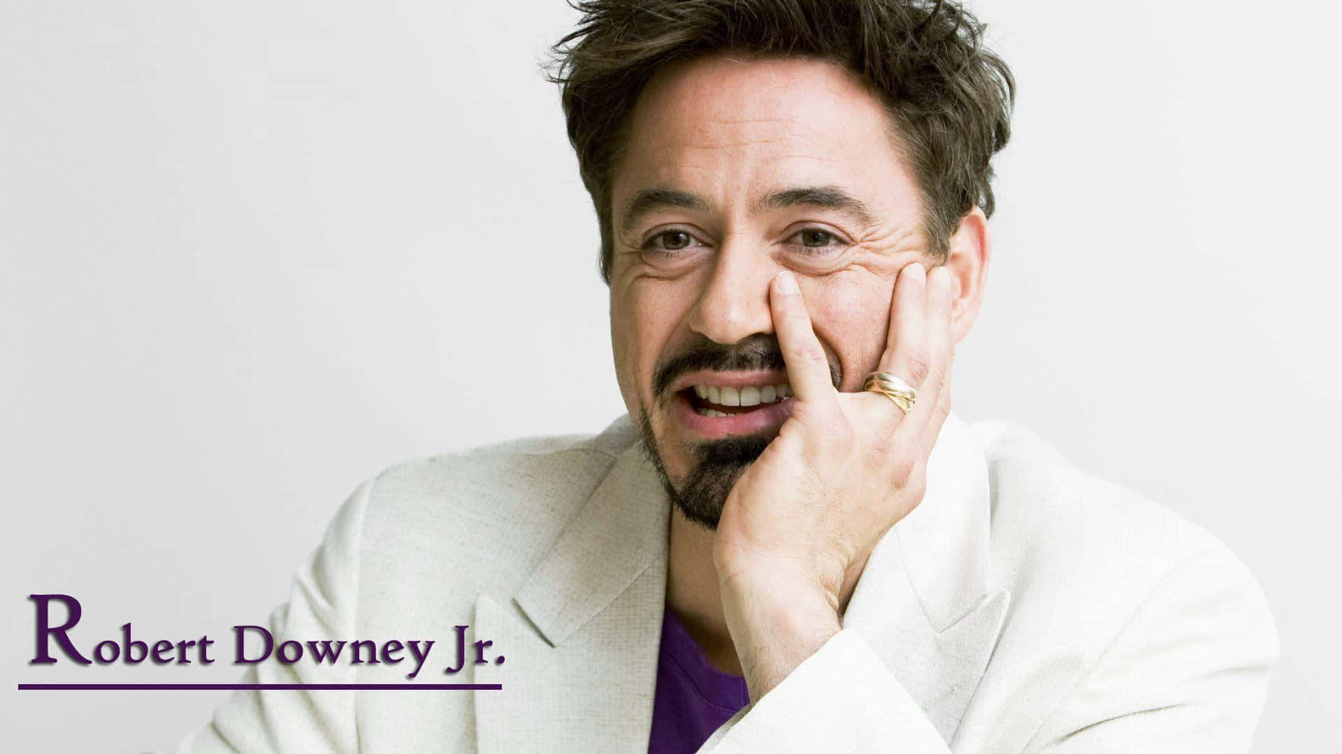 Robert Downey Jr, white background, smiles warmly, Full HD Desktop Wallpaper