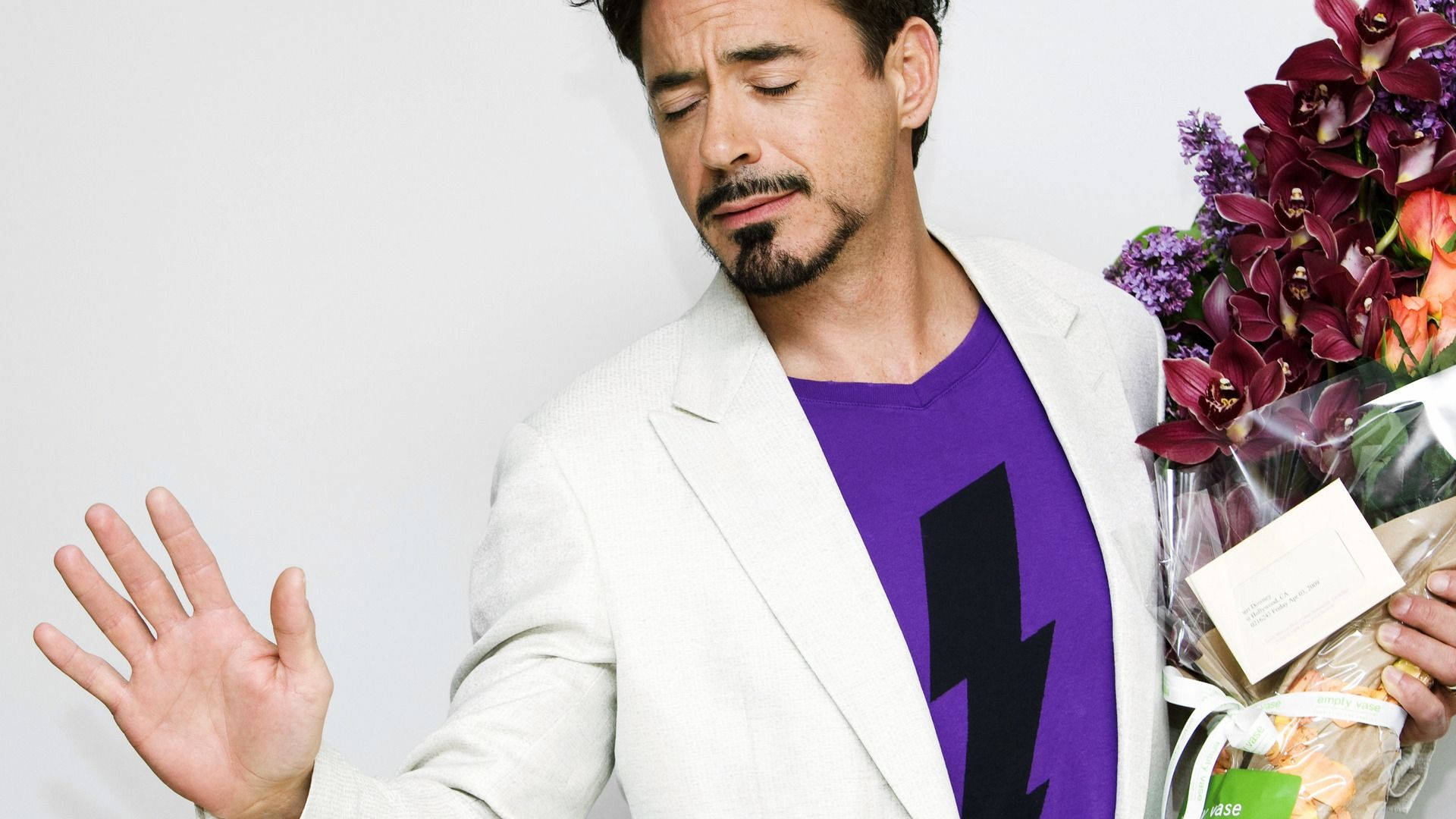 Robert Downey Jr, white blazer, purple lightning shirt, Full HD Desktop Wallpaper