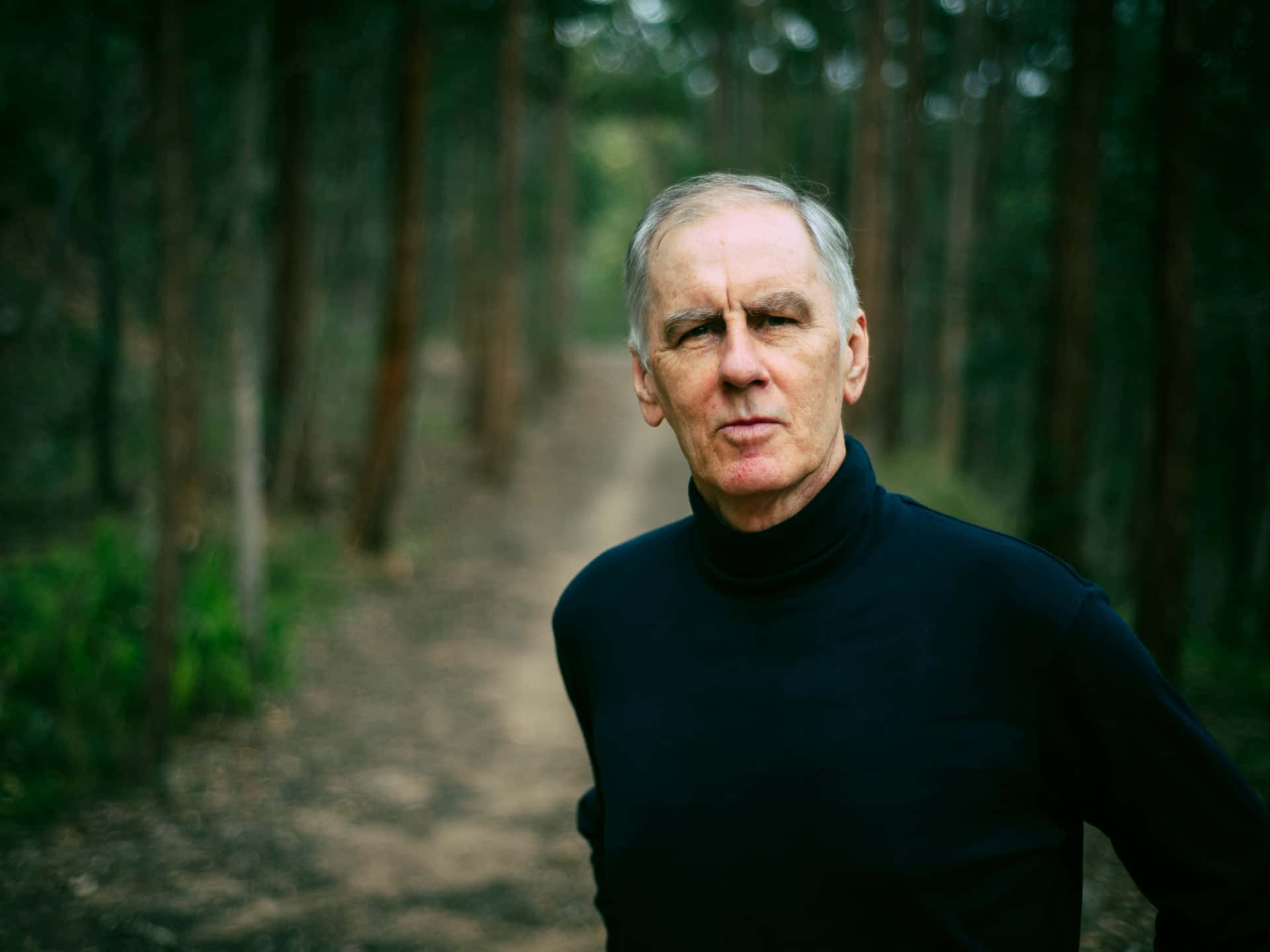 Robert Forster, black turtleneck, forest path, Full HD Desktop Wallpaper