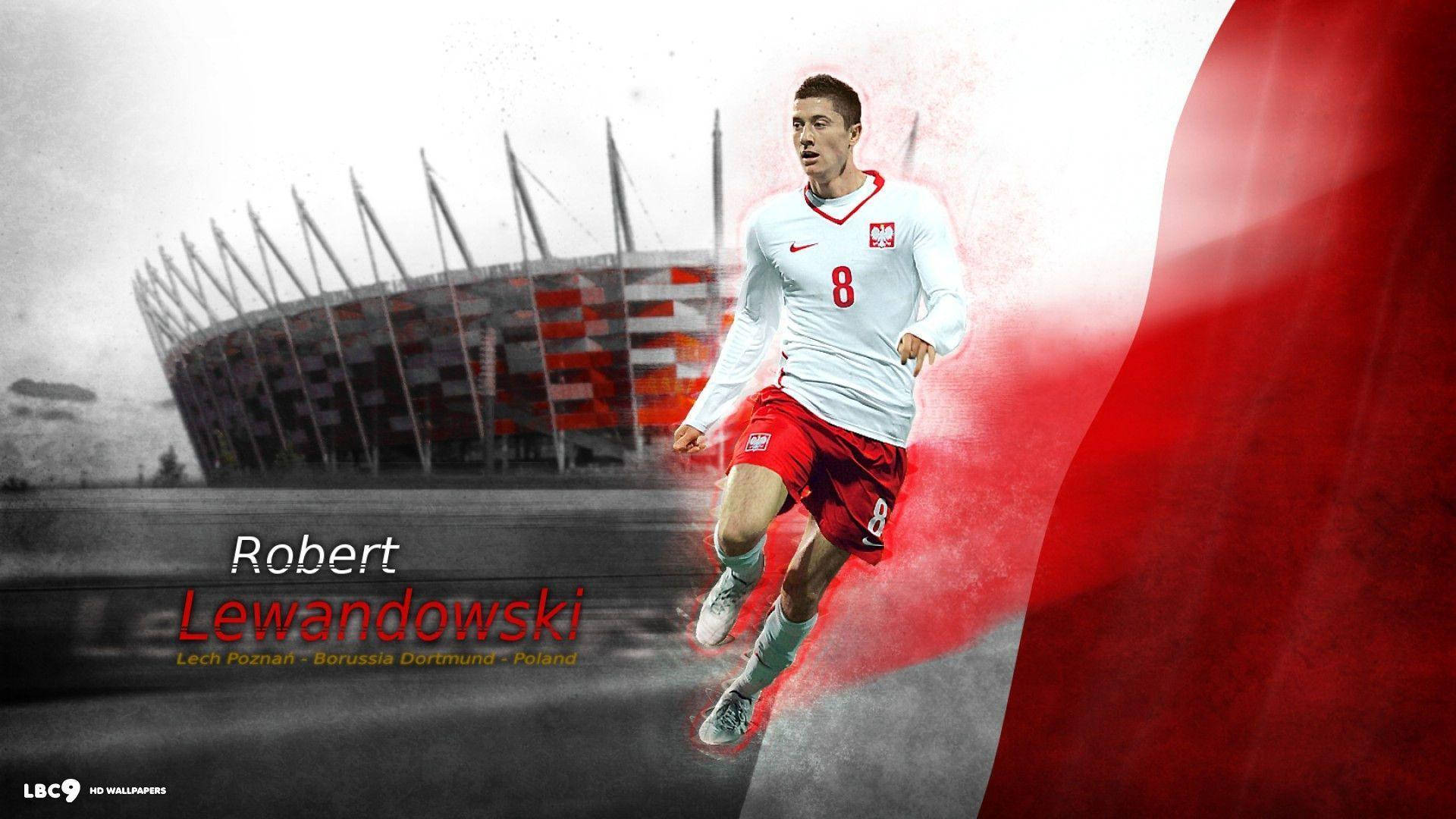 Robert Lewandowski, white jersey, red shorts, Full HD Desktop Wallpaper