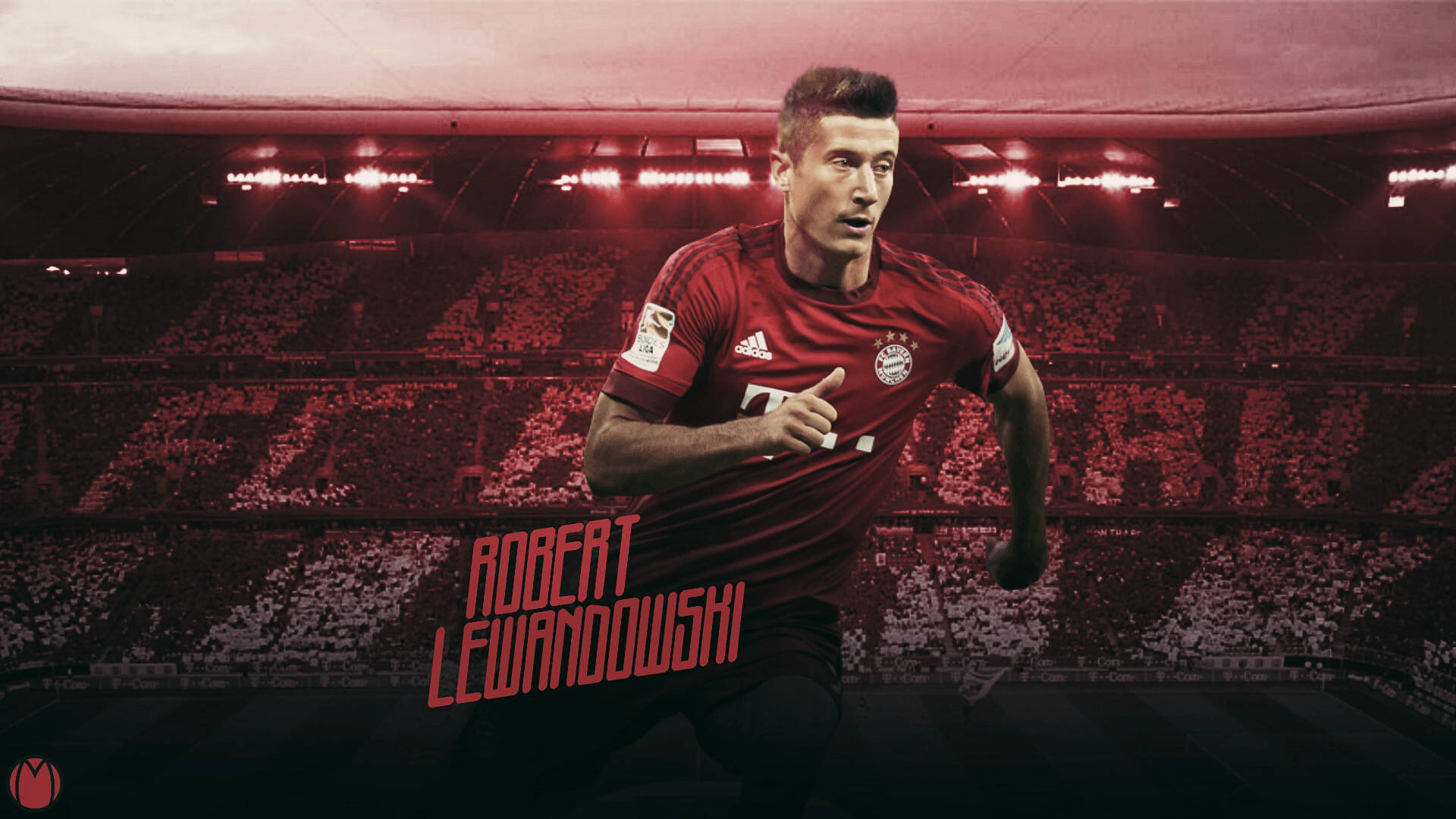 Robert Lewandowski, red Bayern jersey, stadium lights, Full HD Desktop Wallpaper