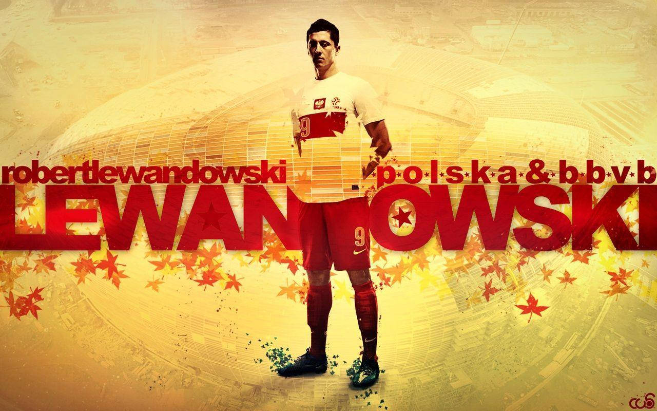 Robert Lewandowski, red and white Poland kit, golden stadium backdrop, HD Desktop Wallpaper