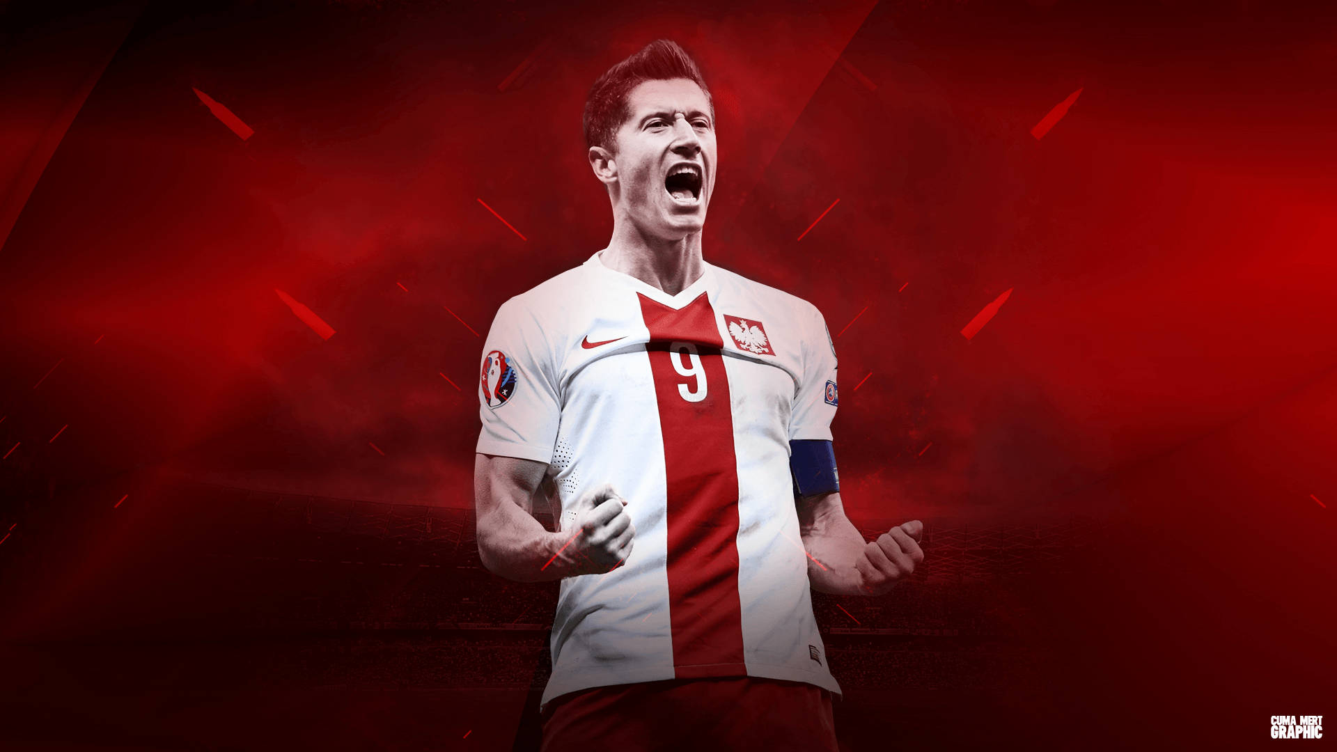 Robert Lewandowski, white and red jersey, number 9, Full HD Desktop Wallpaper
