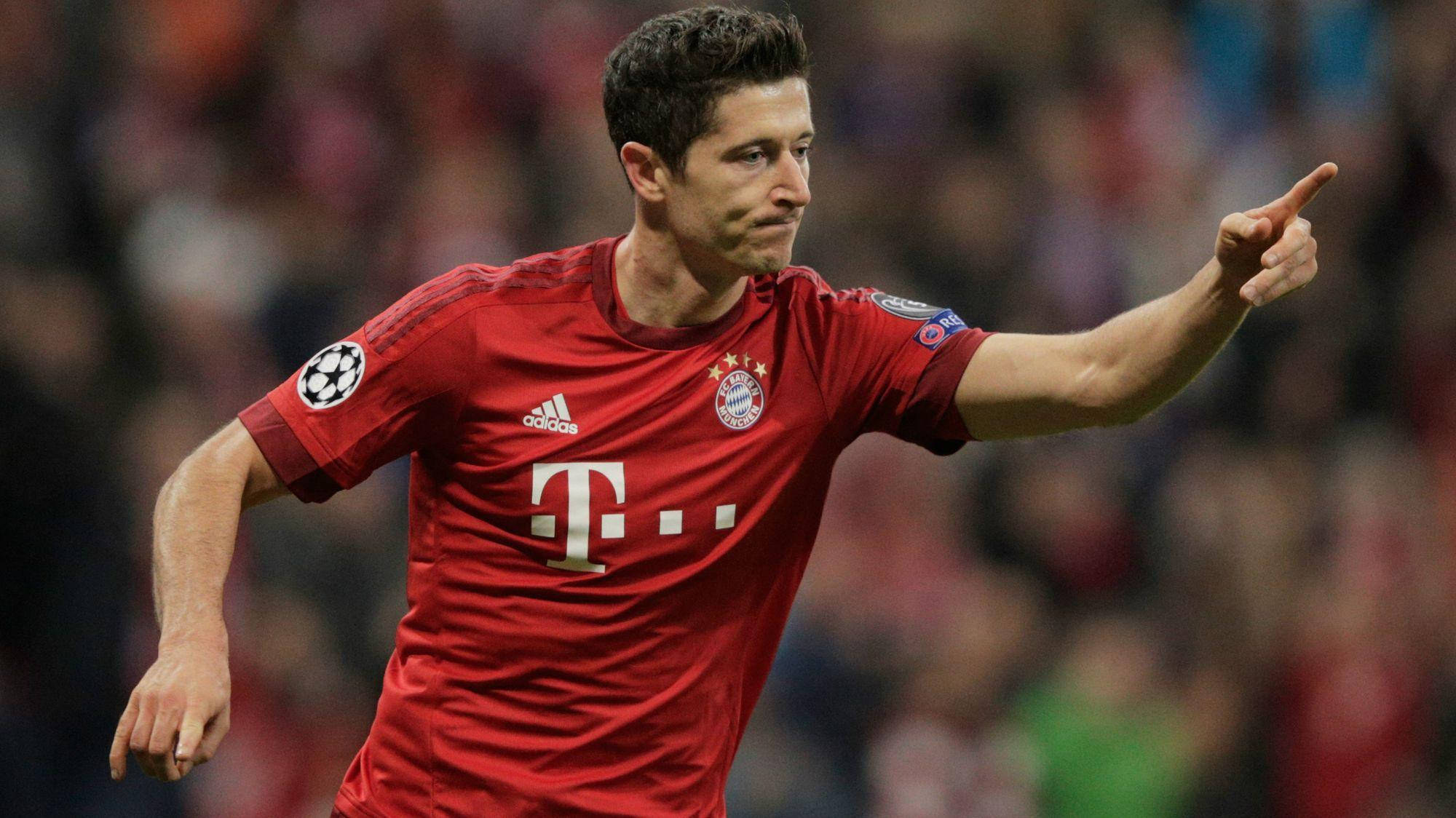 Robert Lewandowski, red Bayern Munich jersey, stadium lights, Full HD Desktop Wallpaper