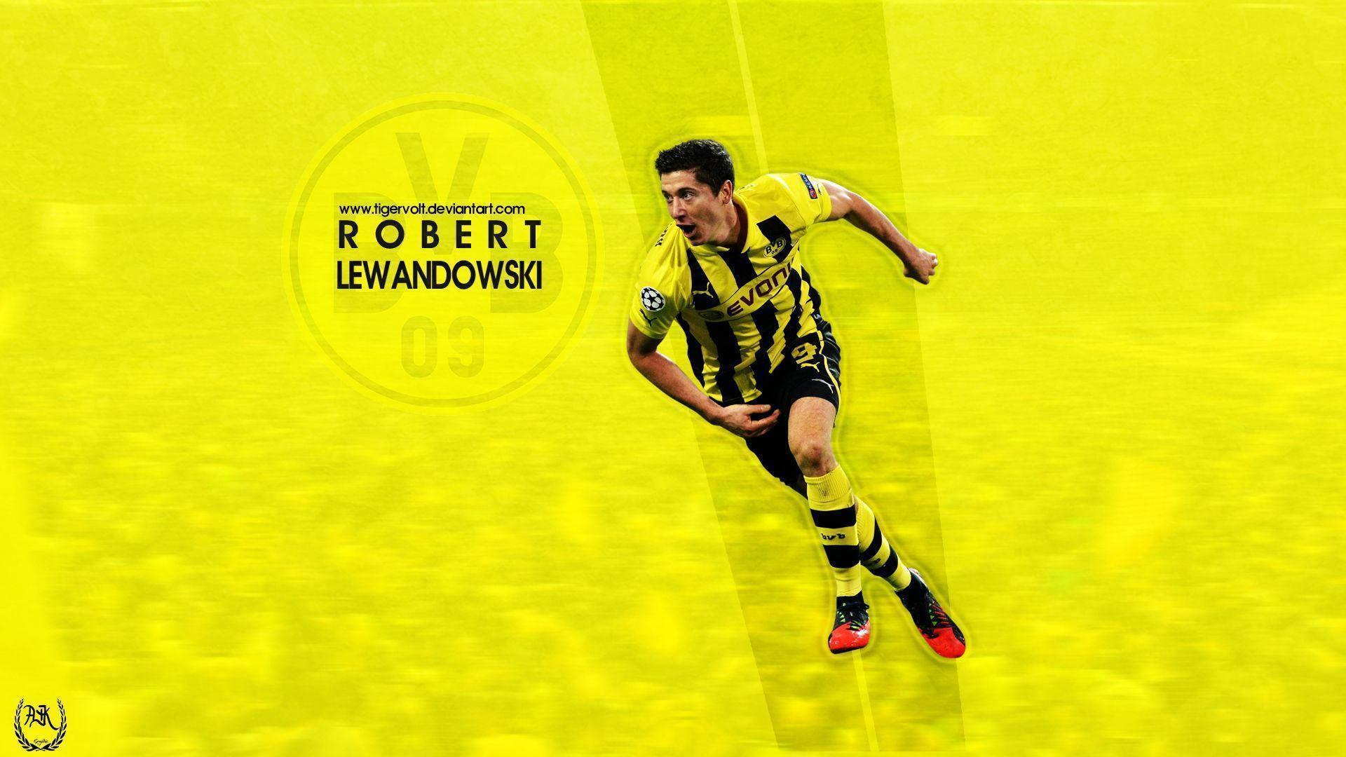 Robert Lewandowski, yellow and black striped jersey, vibrant yellow background, Full HD Desktop Wallpaper