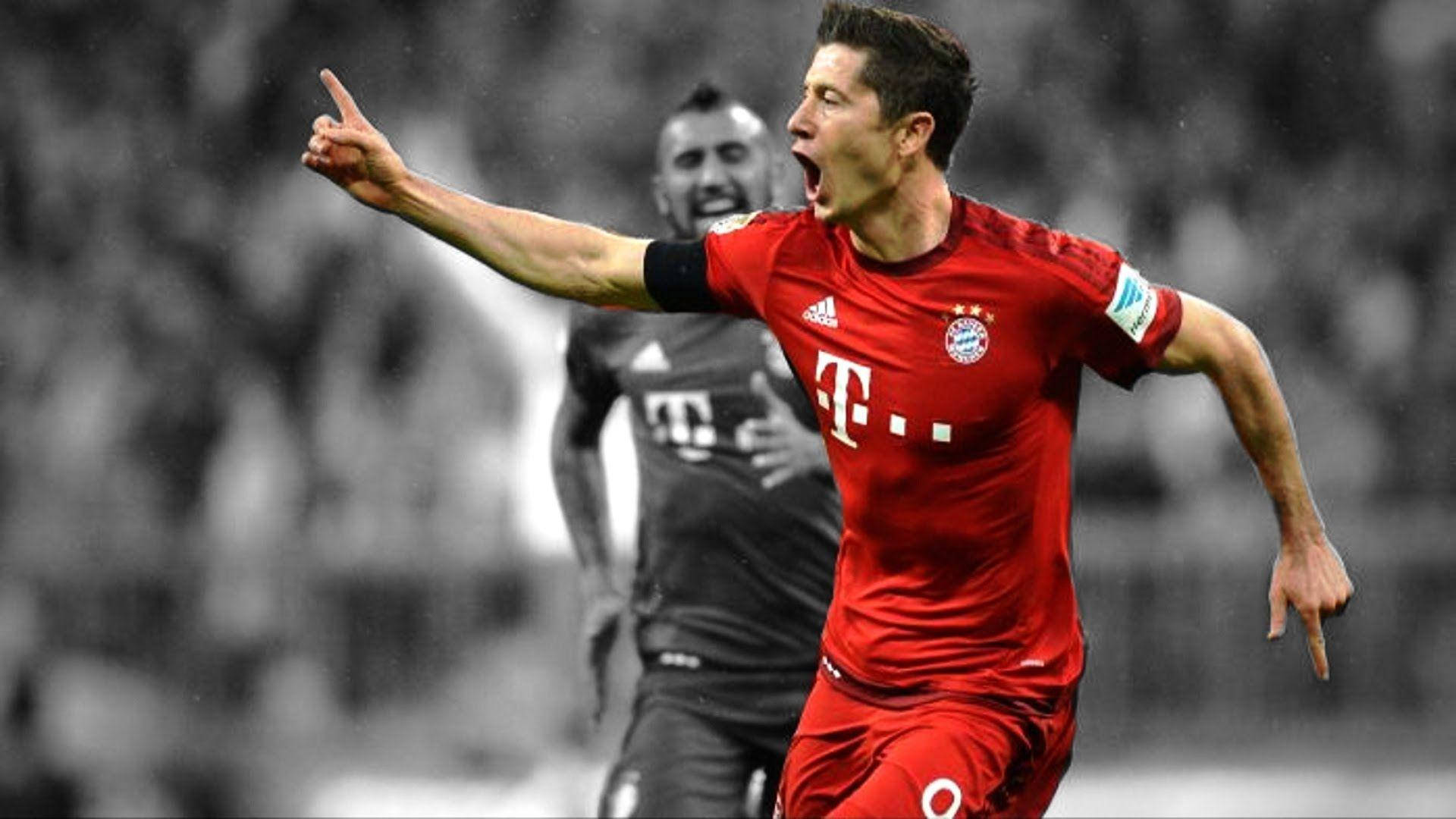Robert Lewandowski, red jersey, stadium background, Full HD Desktop Wallpaper