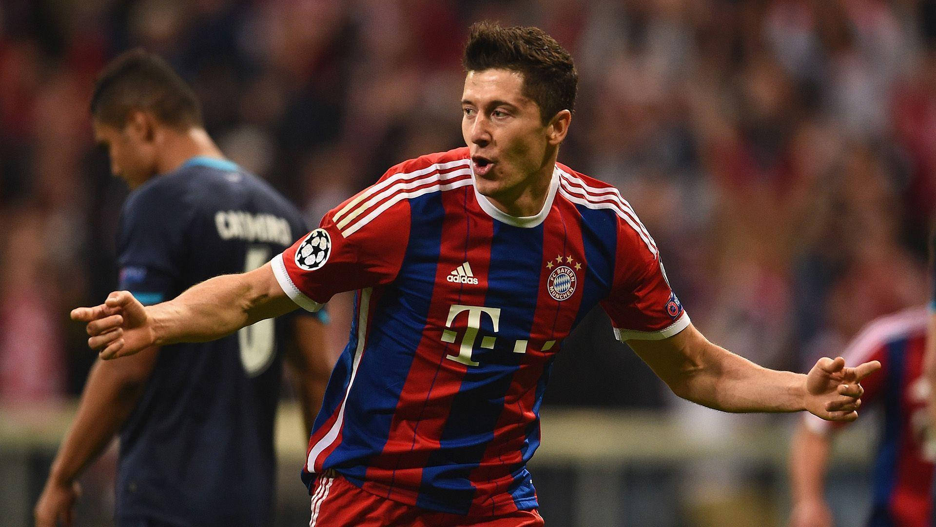 Robert Lewandowski, red and blue striped jersey, night match, Full HD Desktop Wallpaper