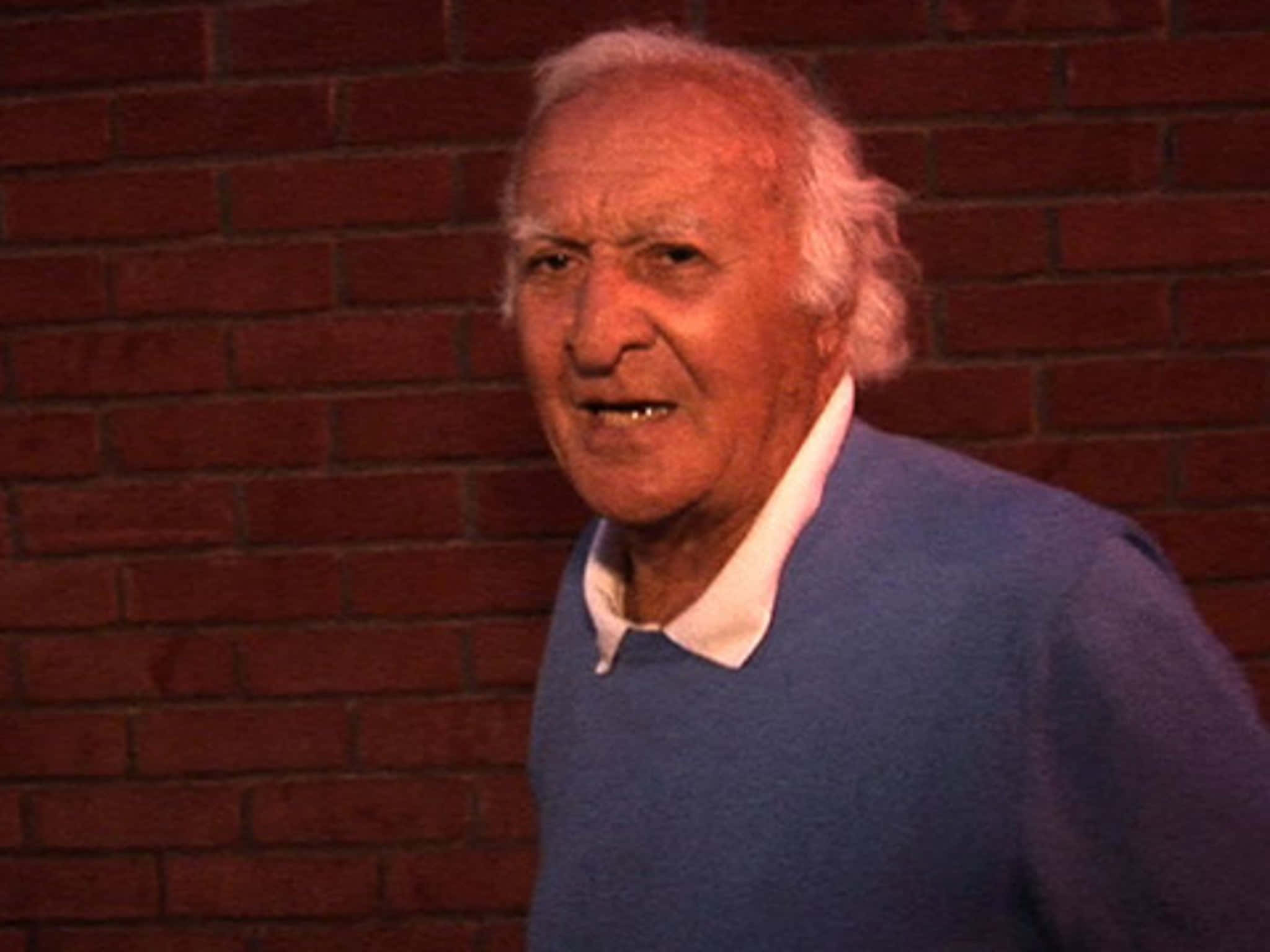 Robert Loggia, blue sweater, red brick wall, Full HD Desktop Wallpaper