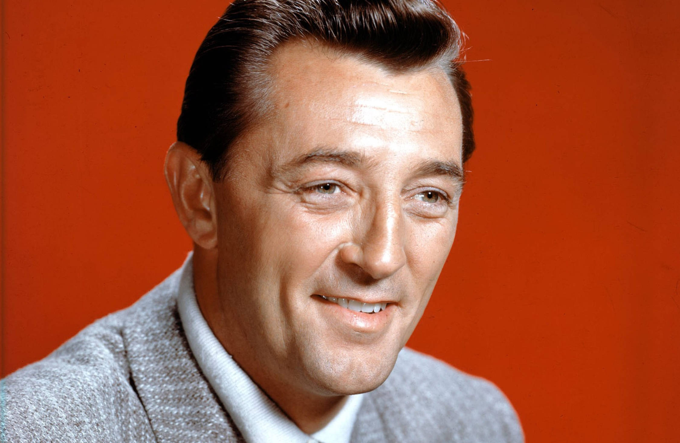 Robert Mitchum, red aesthetic, gray suit, Full HD Desktop Wallpaper
