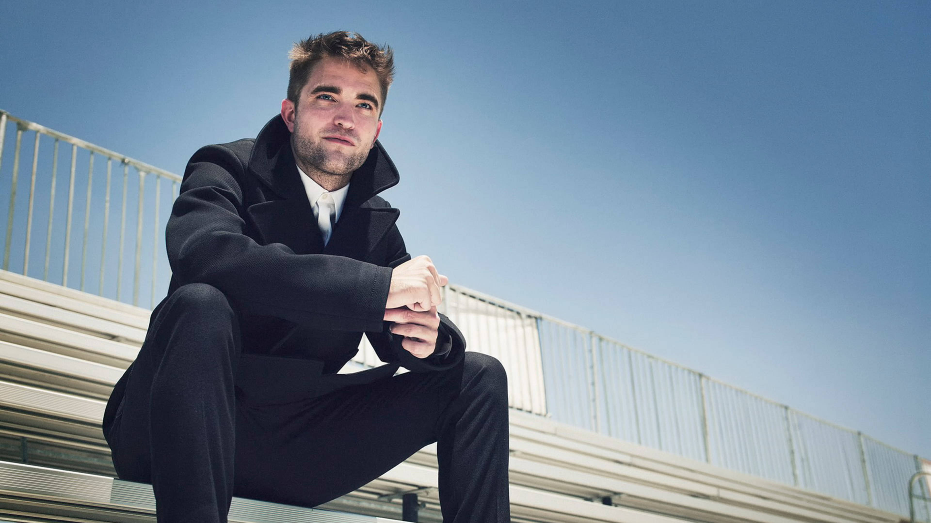 Robert Pattinson, black coat, metal bleachers, 4K Desktop Wallpaper