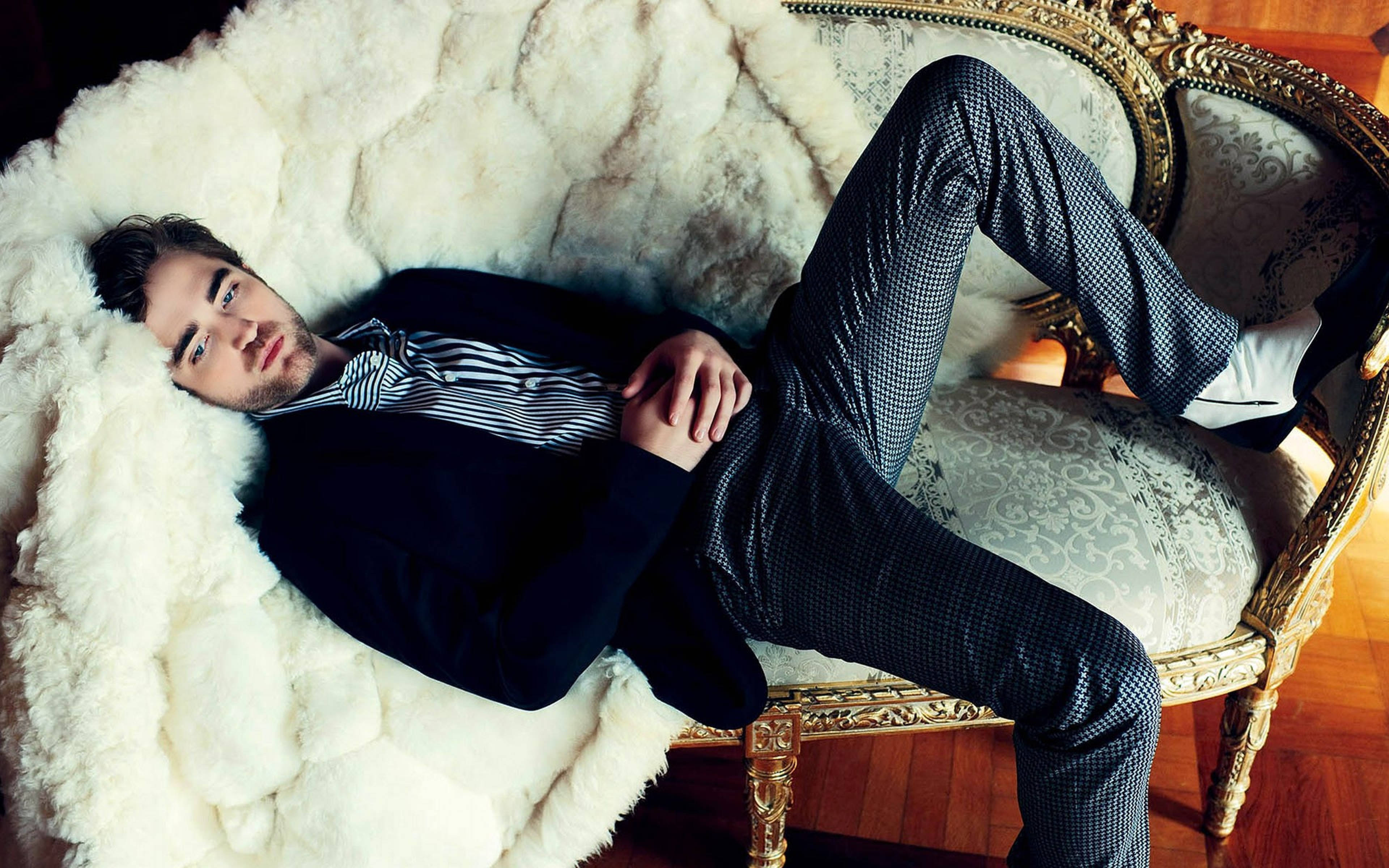 Robert Pattinson, English actor, plush white fur-covered ornate chair, 4K Desktop Wallpaper