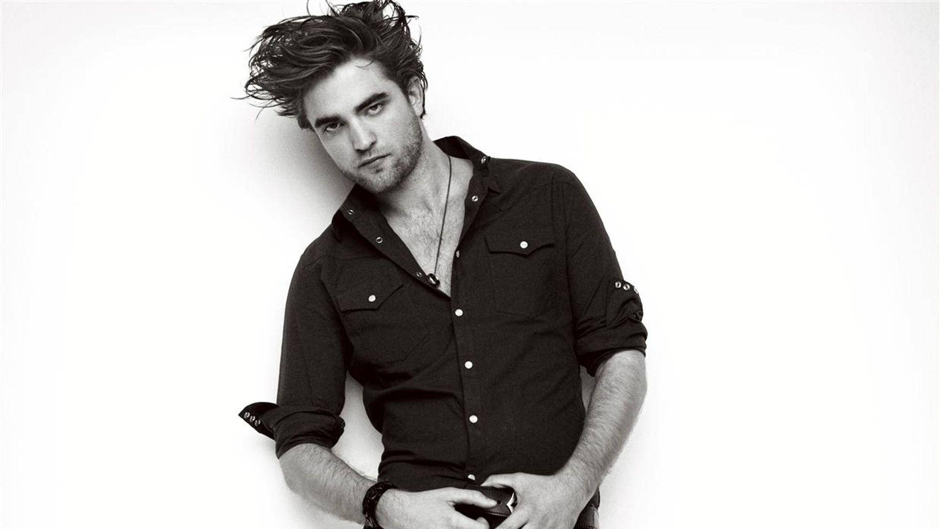 Robert Pattinson, messy hair, black and white portrait, Full HD Desktop Wallpaper