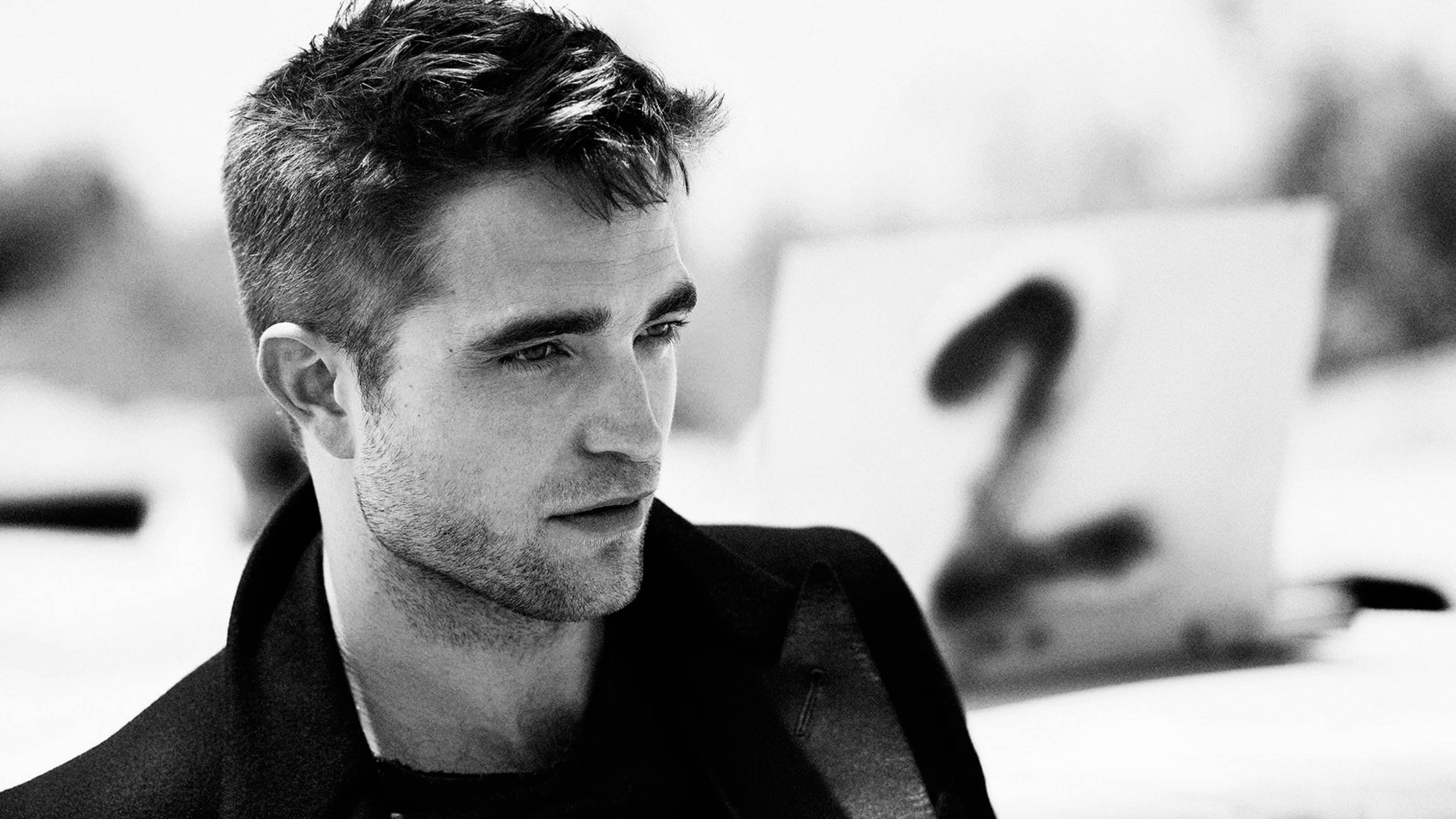 Robert Pattinson, greyscale, black and white portrait, 4K Desktop Wallpaper