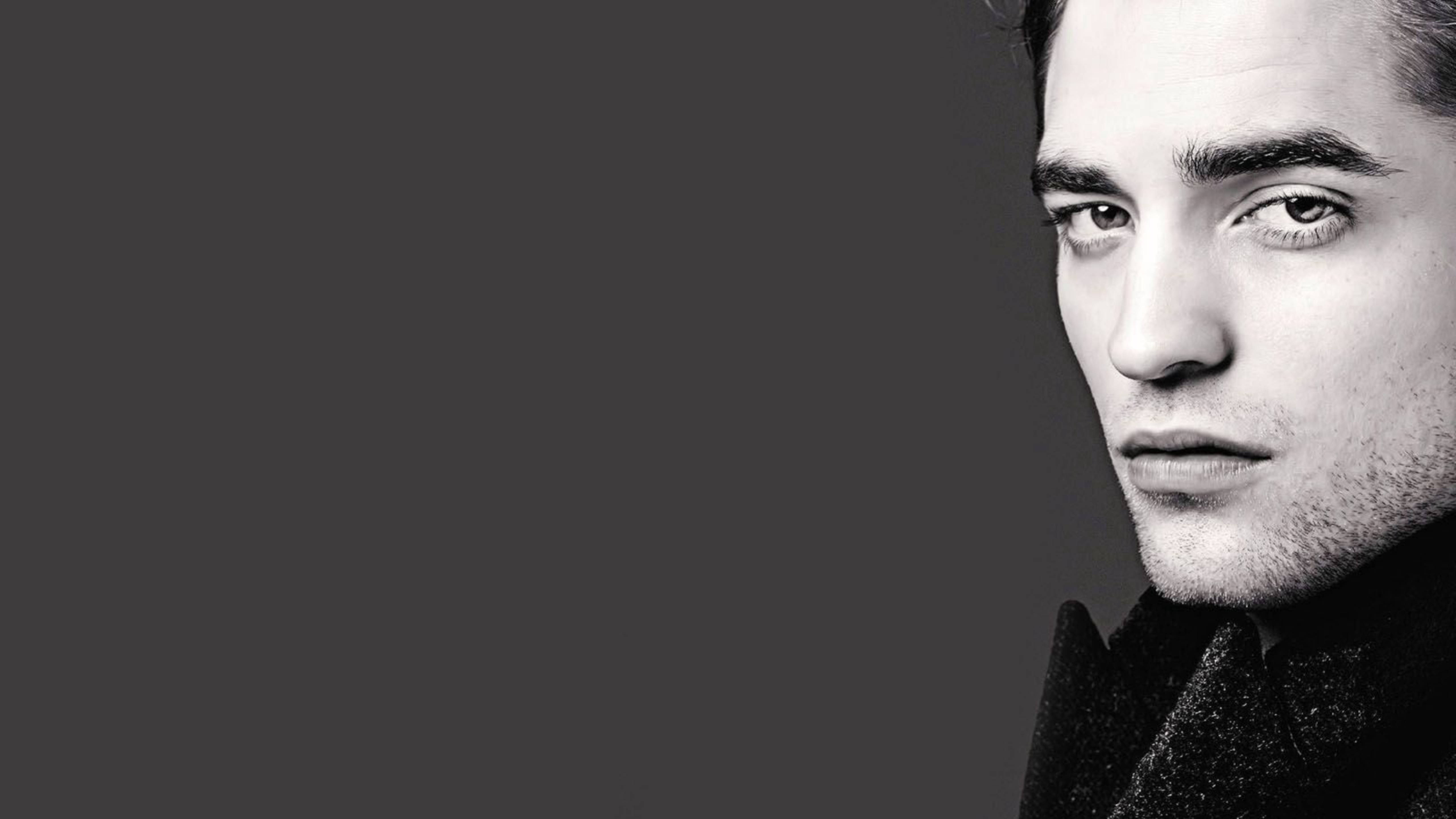Robert Pattinson, black and white portrait, dark coat, 5K Desktop Wallpaper