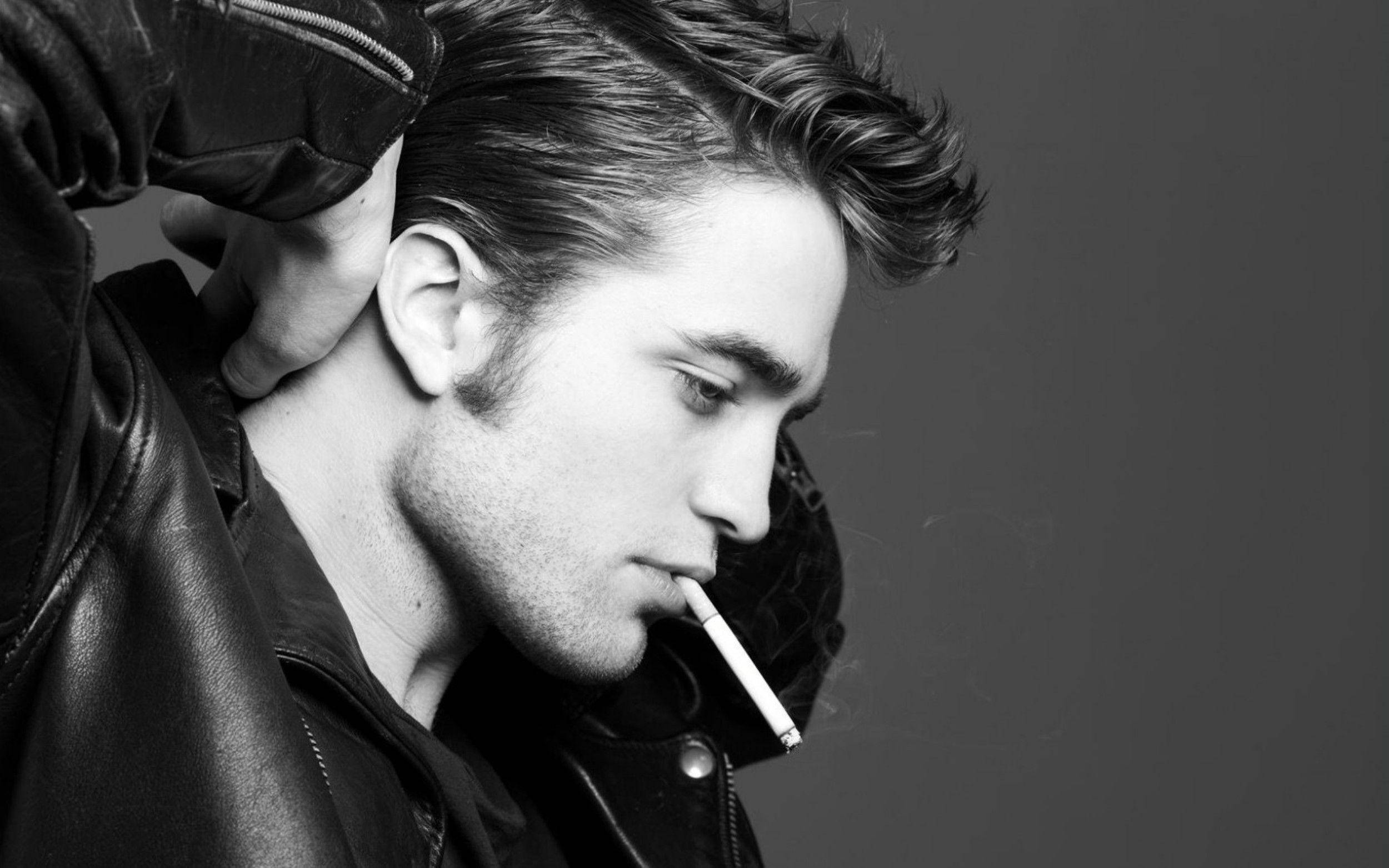 Robert Pattinson, leather jacket, cigarette, Full HD Desktop Wallpaper