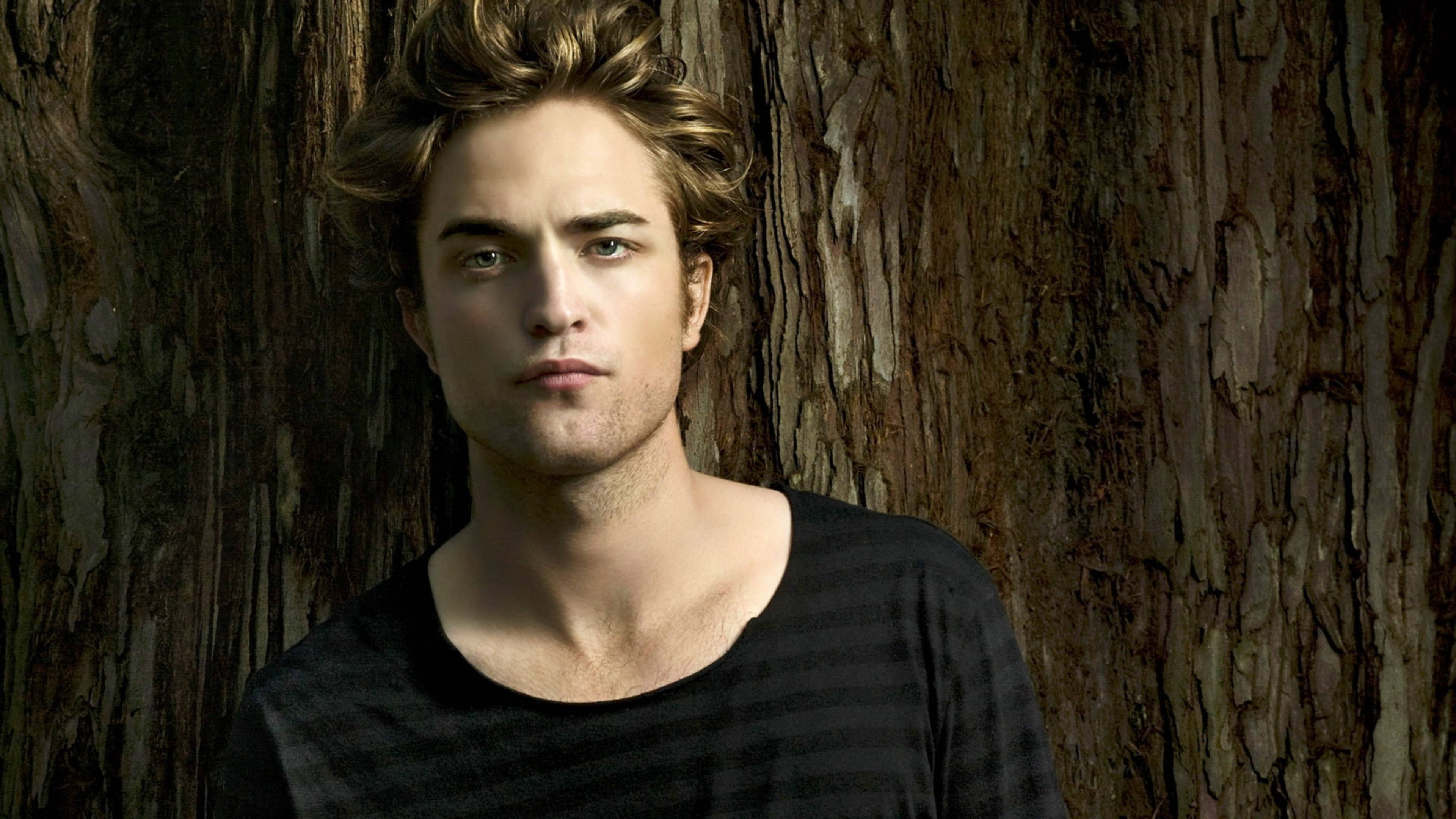 Robert Pattinson, black striped shirt, textured tree bark background, 4K Desktop Wallpaper