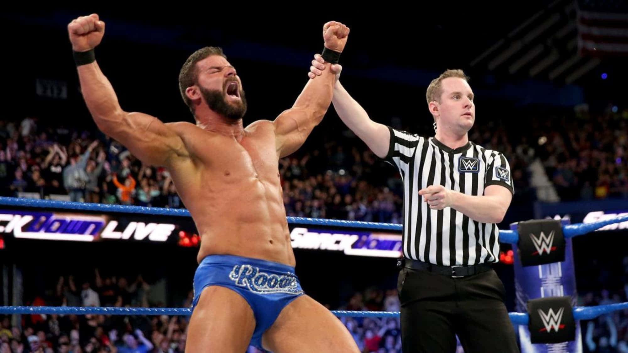 Robert Roode, blue trunks, referee, Full HD Desktop Wallpaper
