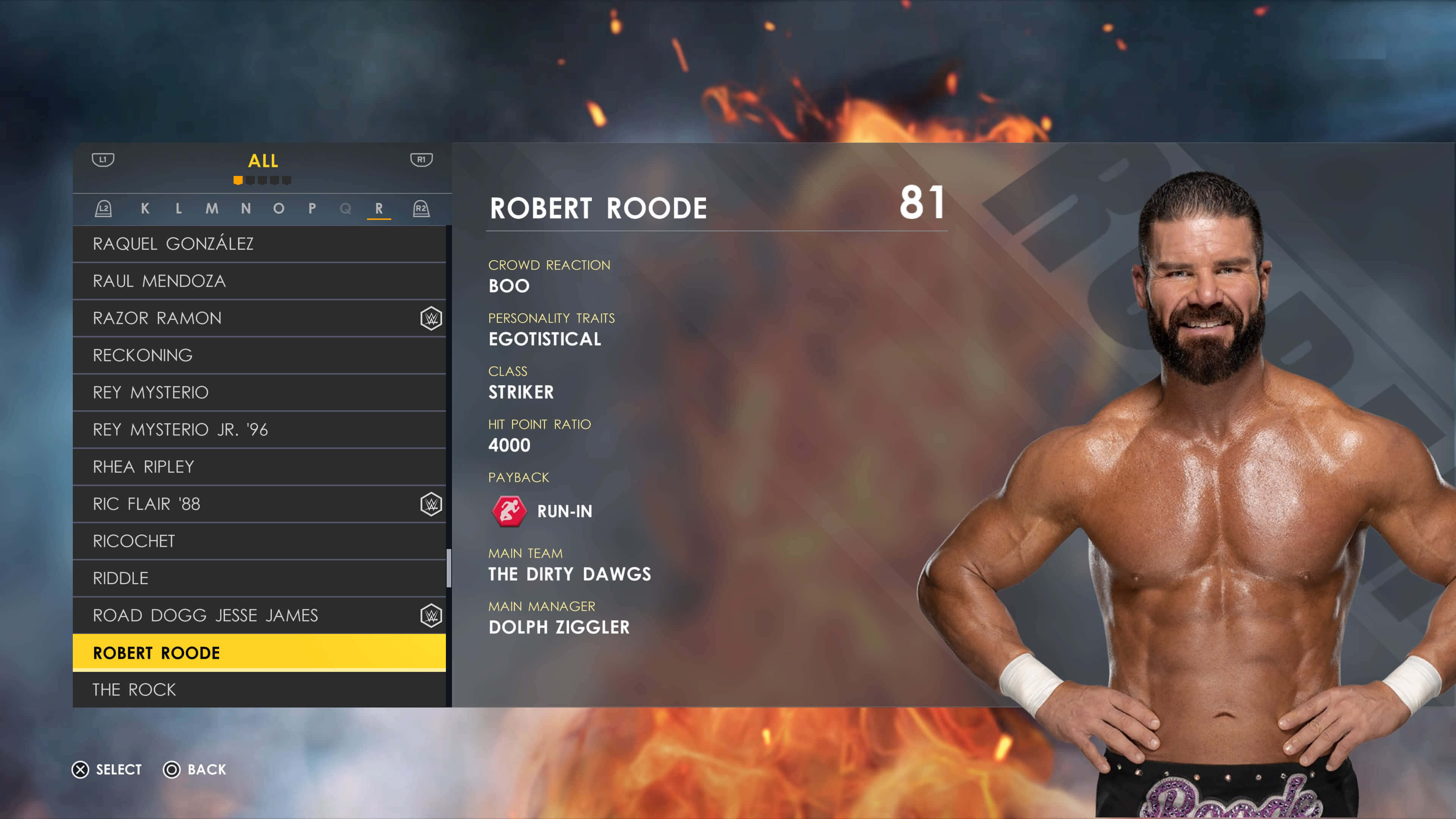 Robert Roode, video game character selection screen, fiery background, 4K Desktop Wallpaper