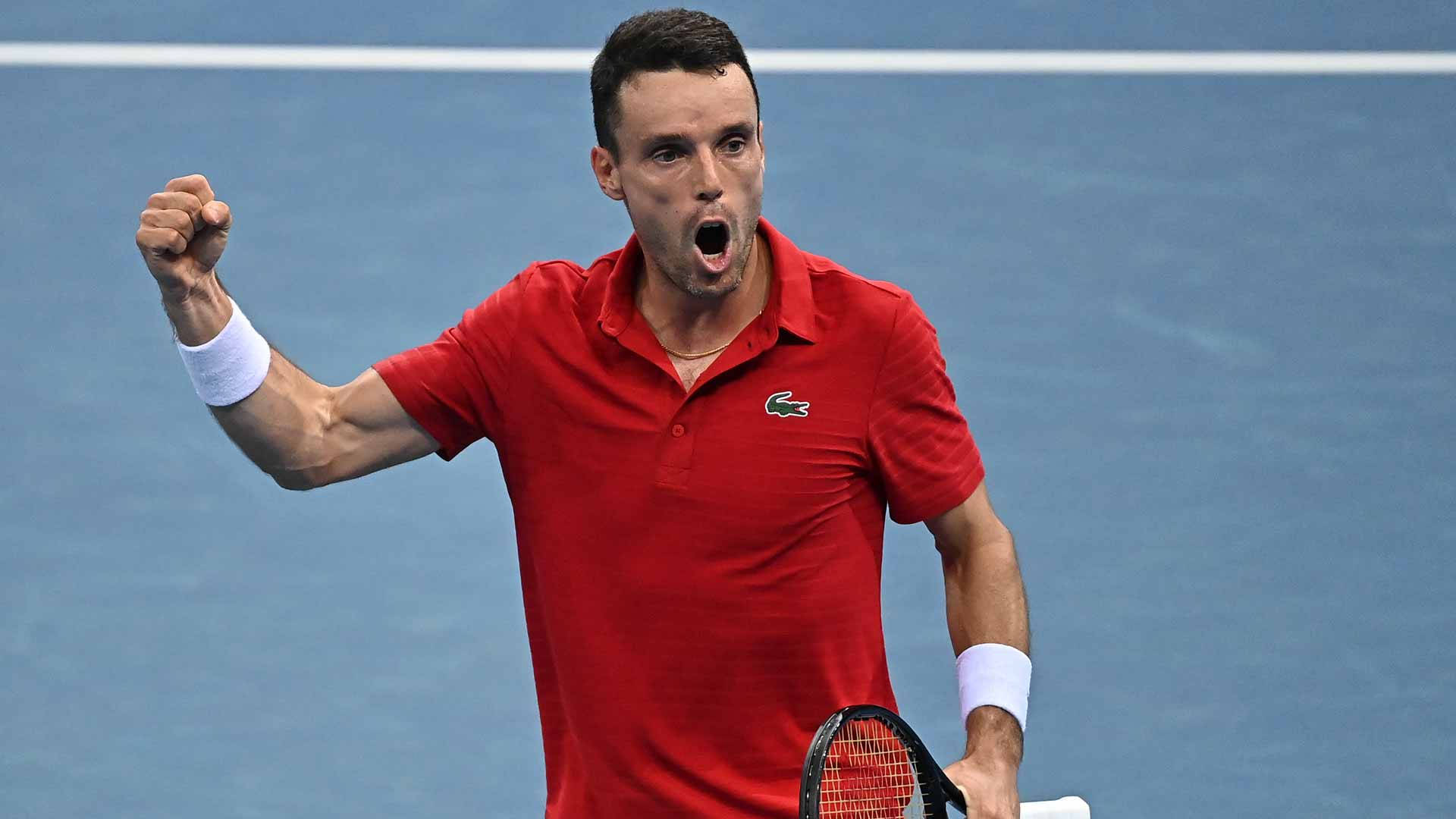 Roberto Bautista Agut, red shirt, blue court, Full HD Desktop Wallpaper