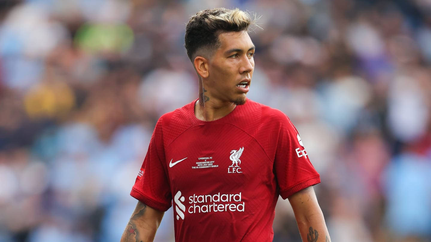 Roberto Firmino, red Liverpool jersey, sunlit pitch, HD Desktop Wallpaper