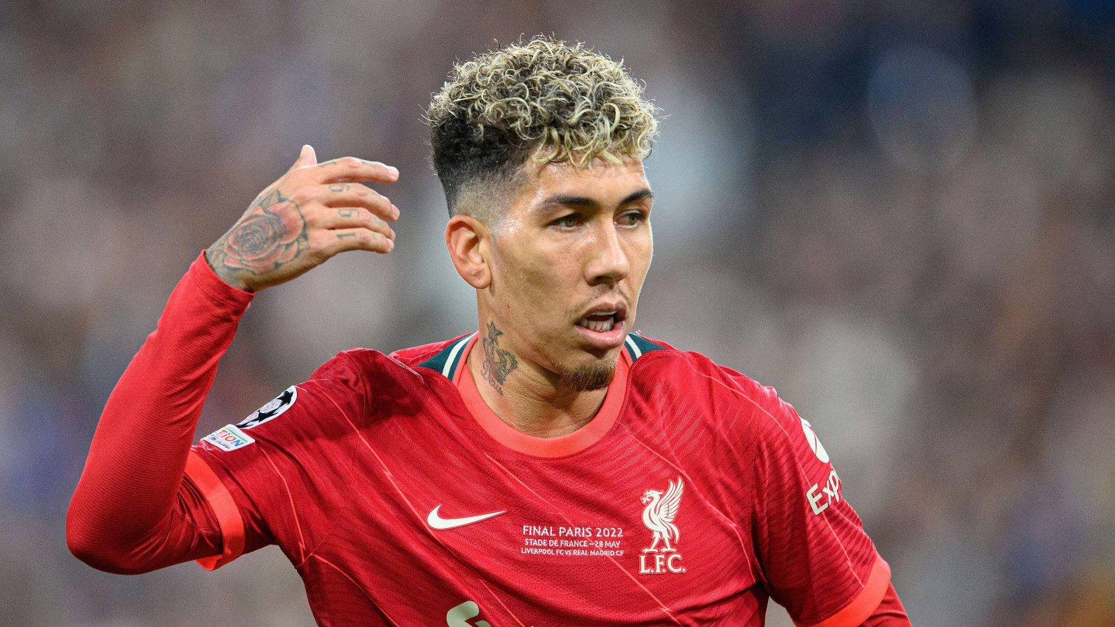 Roberto Firmino, red Liverpool jersey, stadium lights, HD Desktop Wallpaper