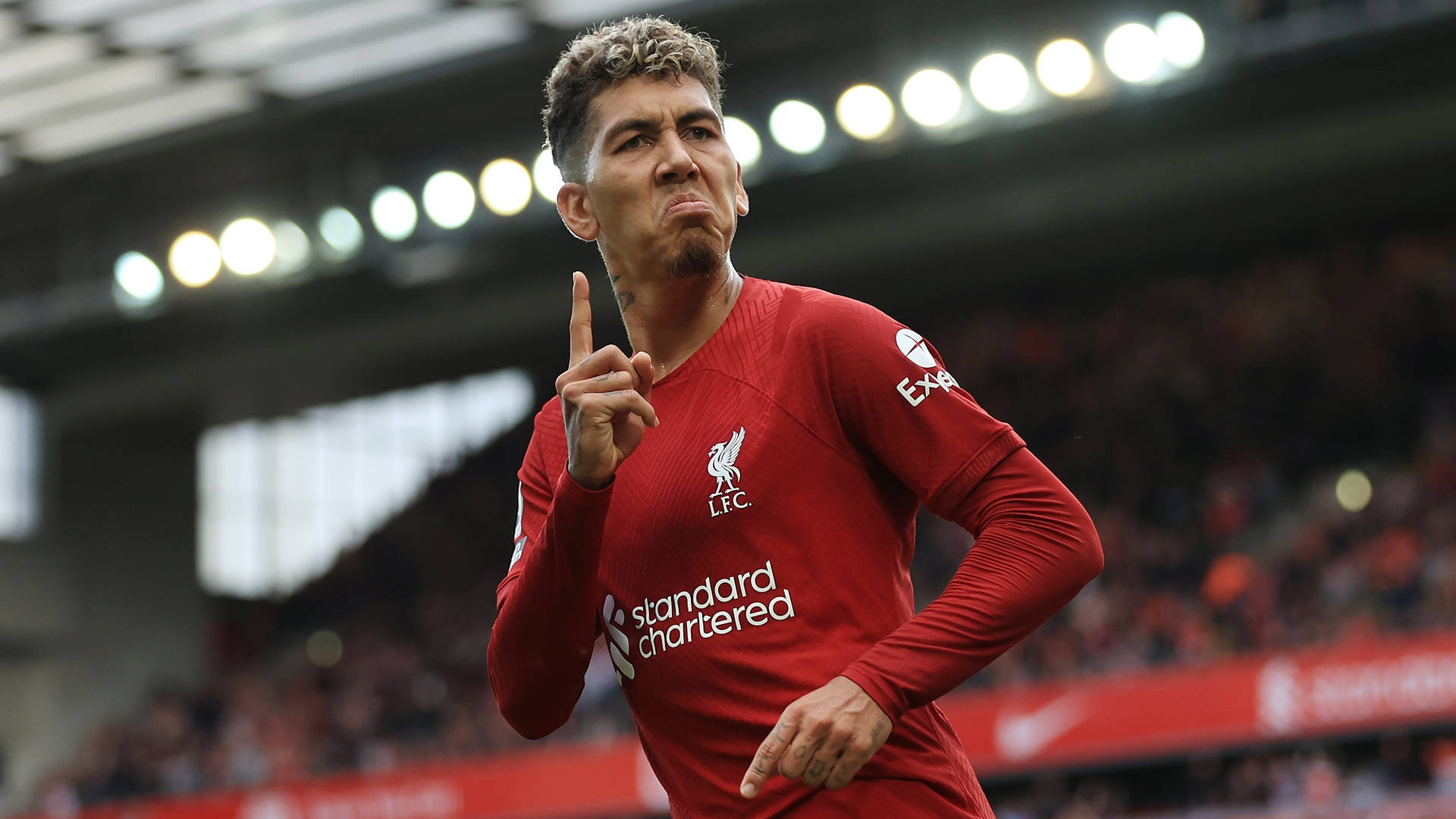 Roberto Firmino, red Liverpool jersey, stadium lights, Full HD Desktop Wallpaper
