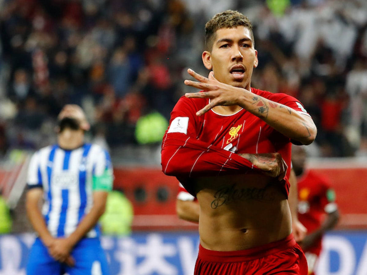 Roberto Firmino, red Liverpool jersey, stadium lights, SD Desktop Wallpaper