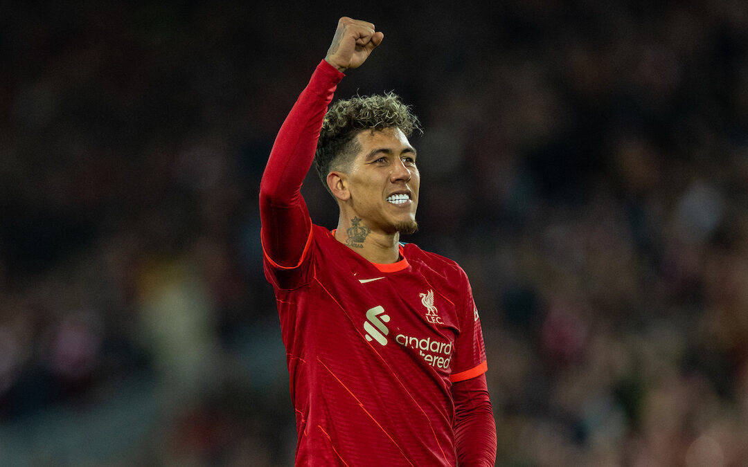 Roberto Firmino, red Liverpool jersey, stadium lights, SD Desktop Wallpaper