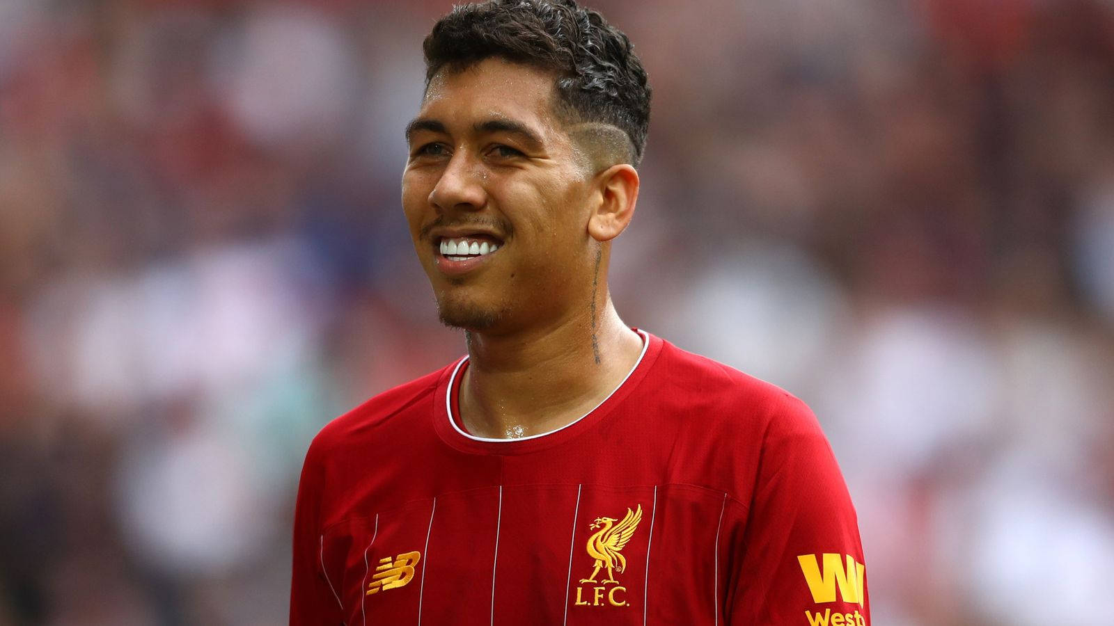 Roberto Firmino, red Liverpool jersey, sunlit pitch, HD Desktop Wallpaper