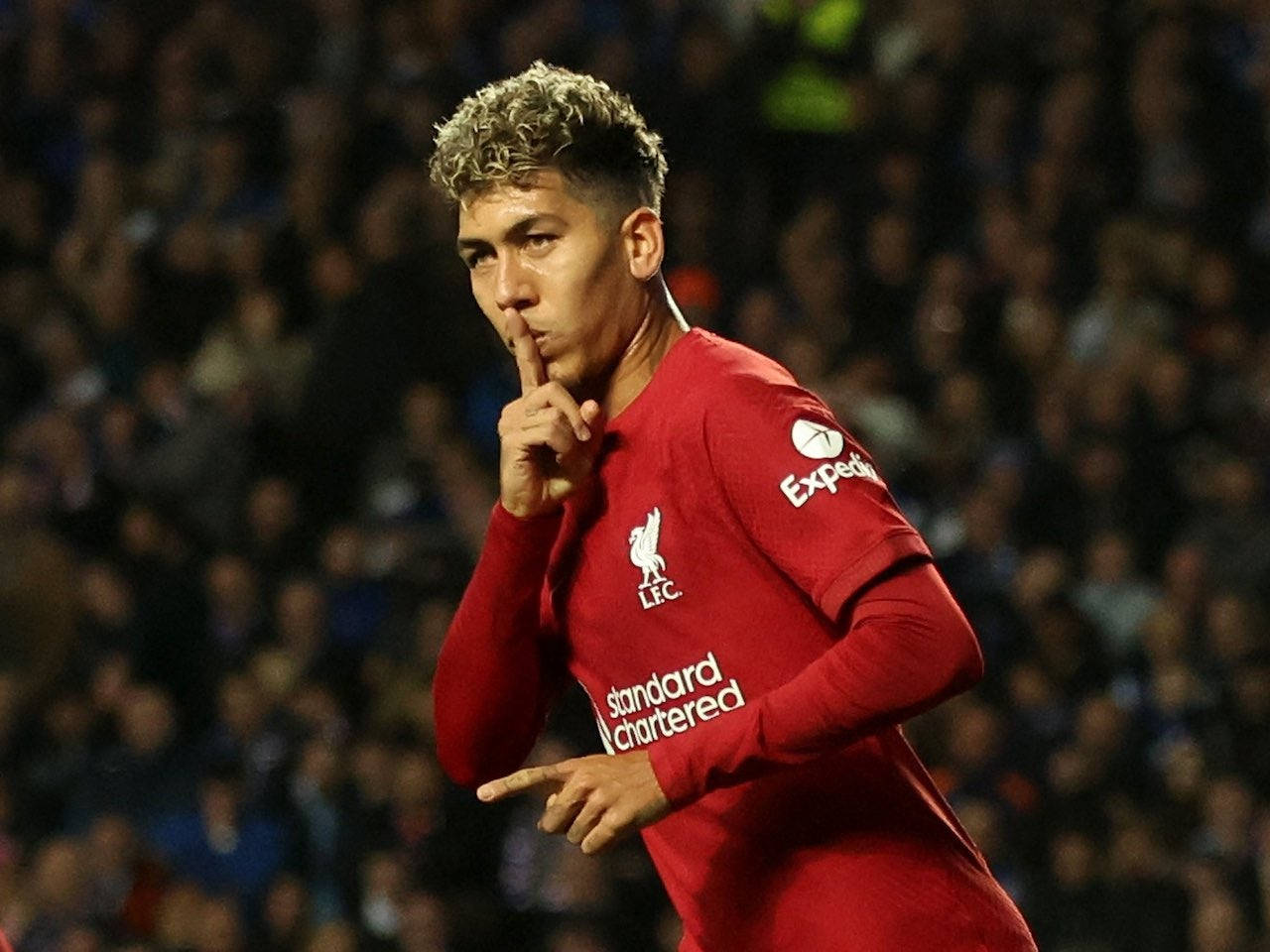 Roberto Firmino, red Liverpool jersey, stadium lights, HD Desktop Wallpaper
