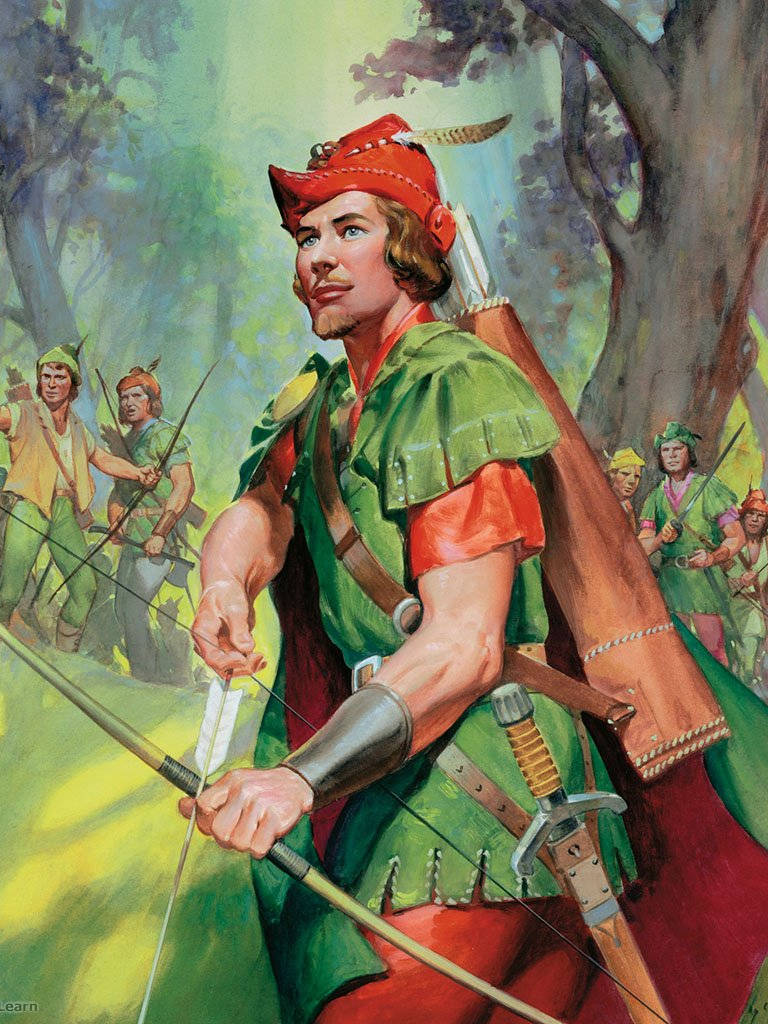 Robin Hood, green and red attire, sunlit forest, SD Phone Wallpaper