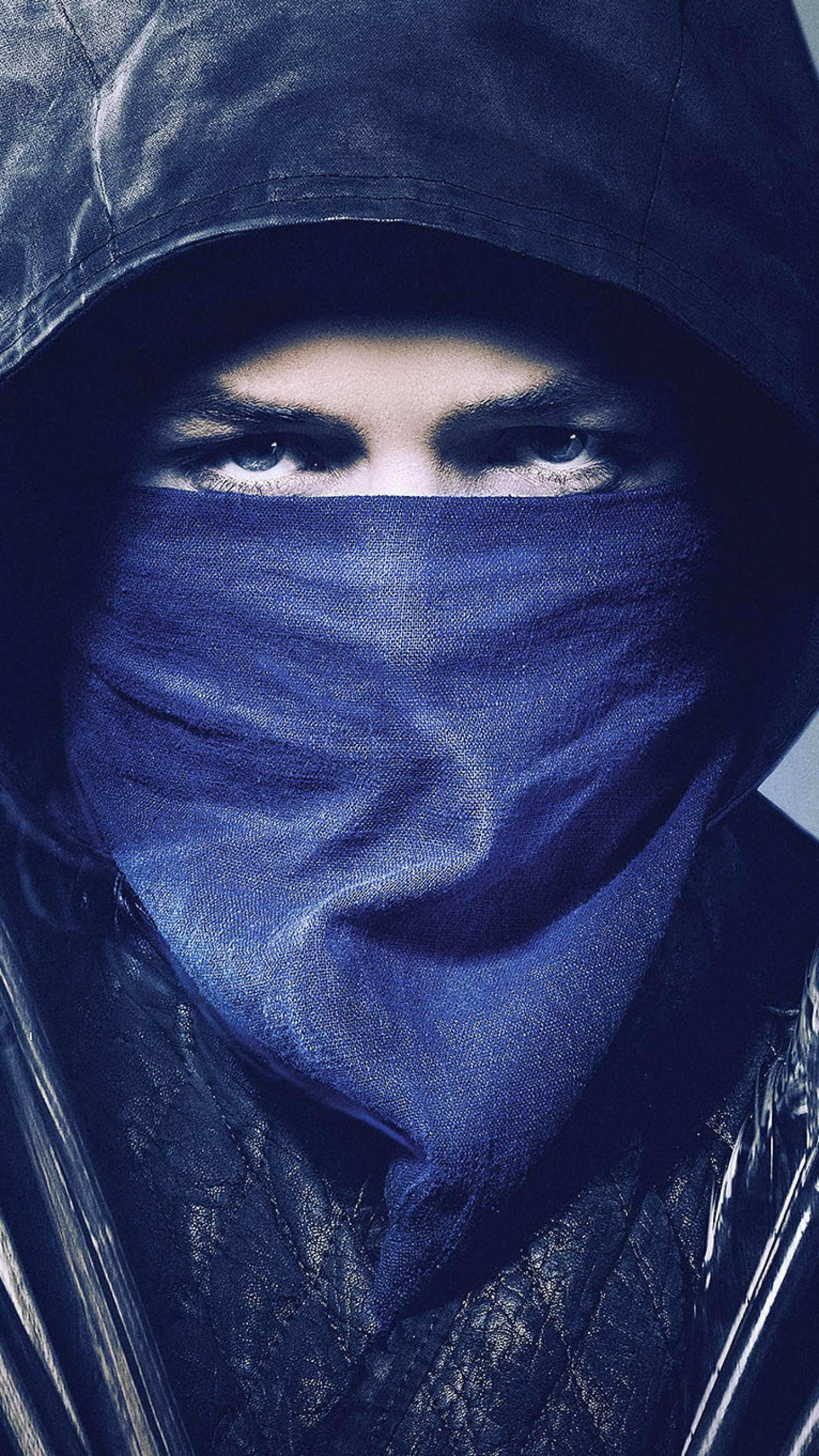 Robin Hood, dark hood, blue face covering, 2K Phone Wallpaper