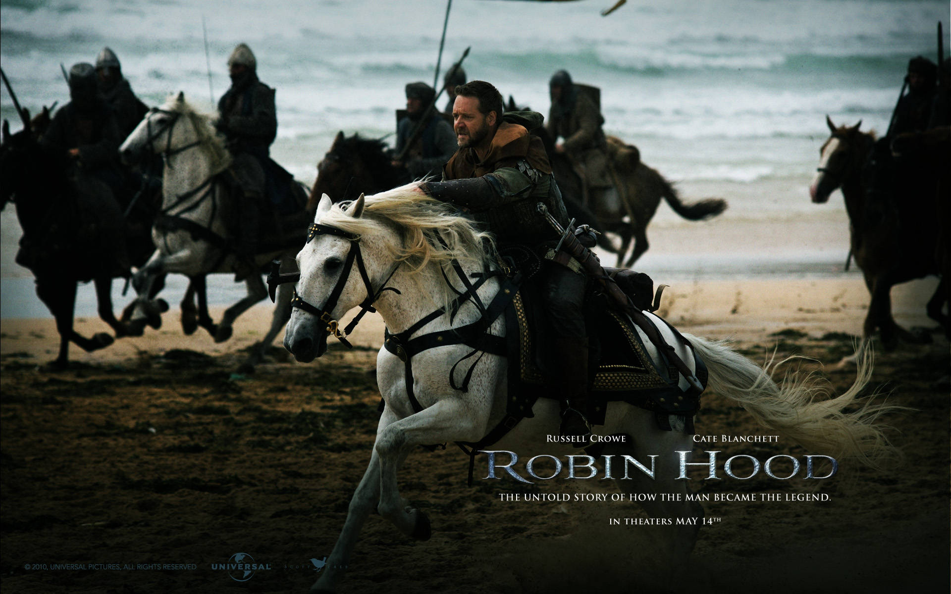Robin Hood, white horse, stormy beach, Full HD Desktop Wallpaper