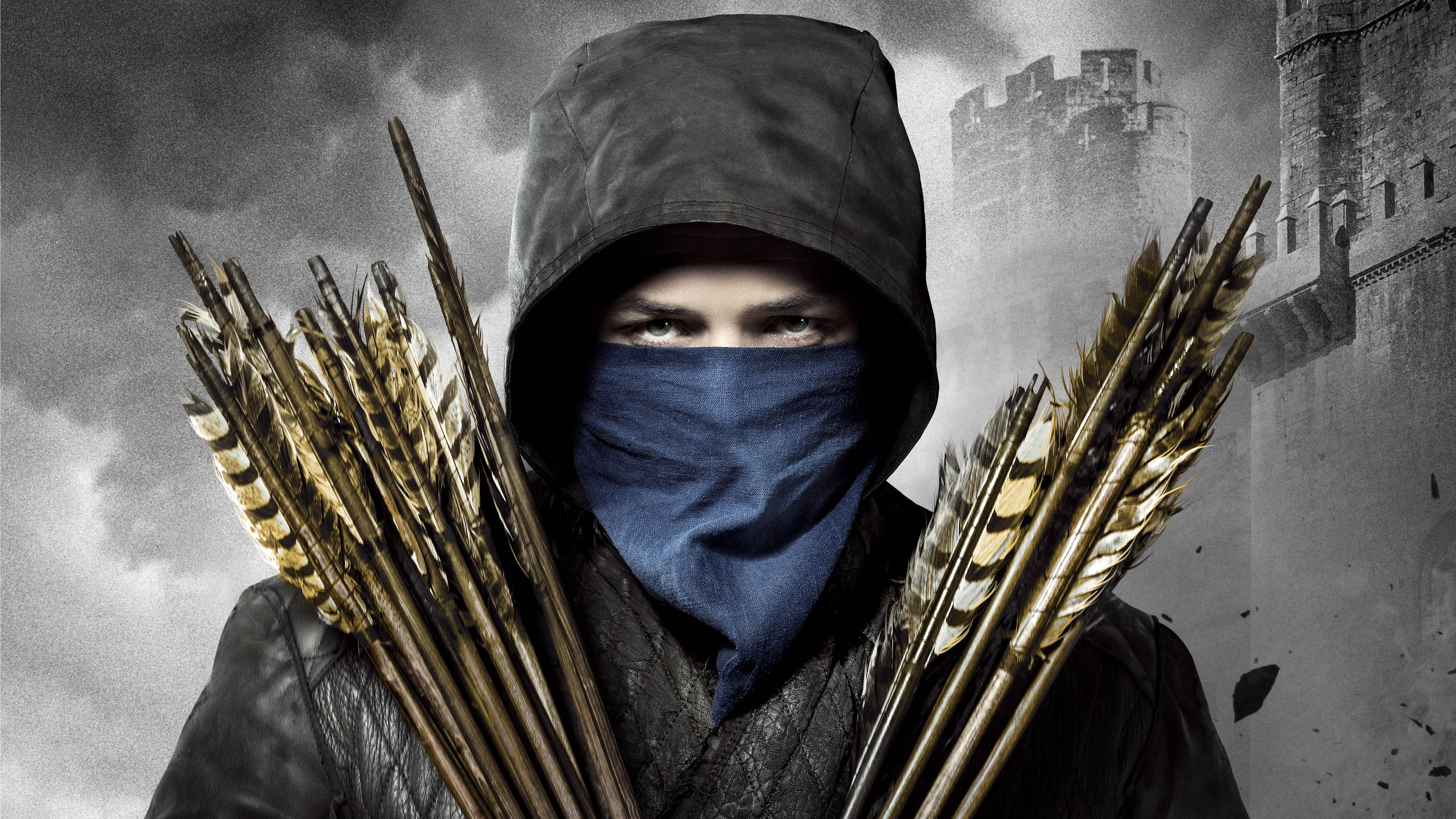 Robin Hood, blue face covering, golden arrows, 4K Desktop Wallpaper