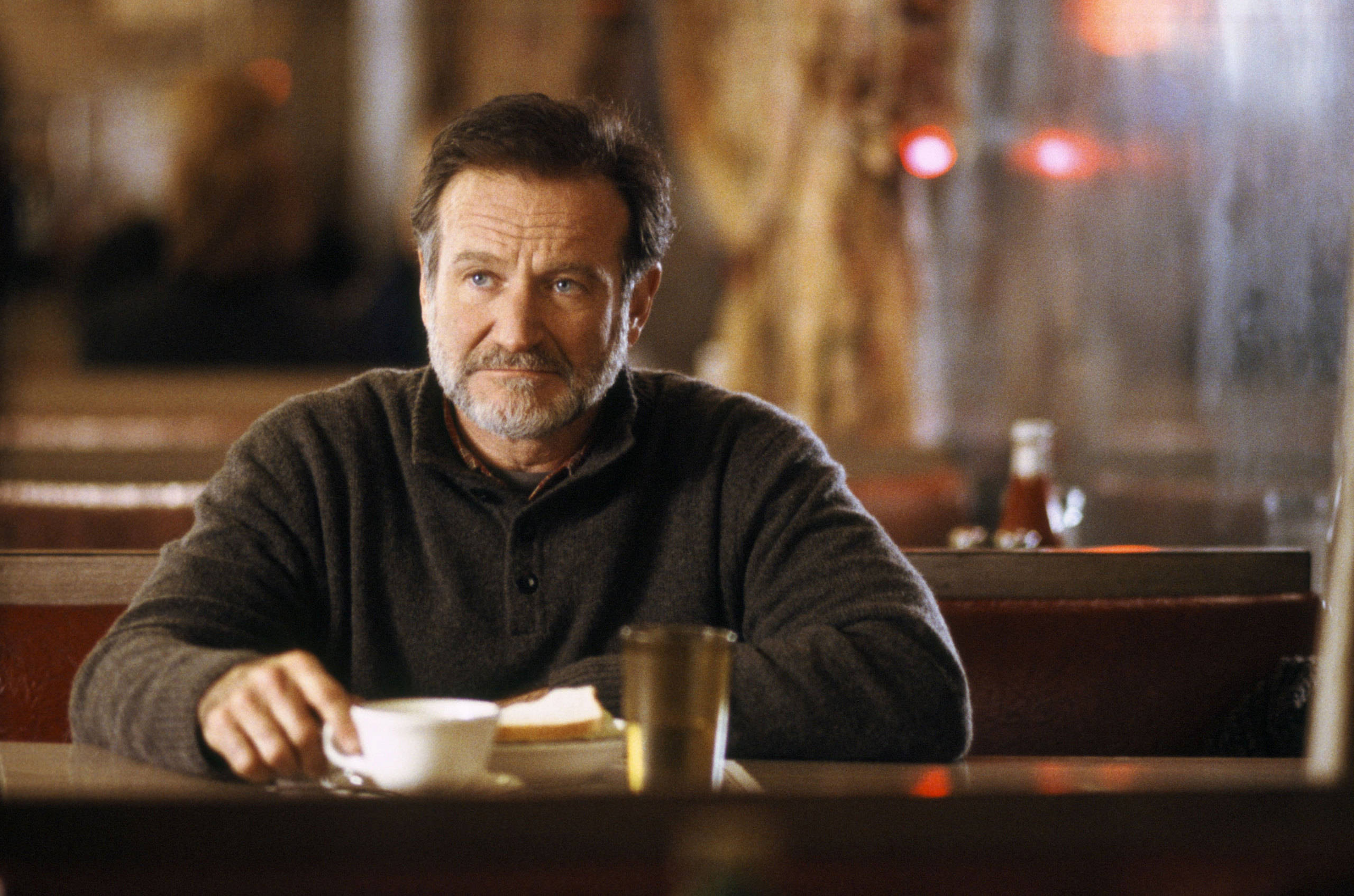 Robin Williams, diner, coffee cup, 2K Desktop Wallpaper