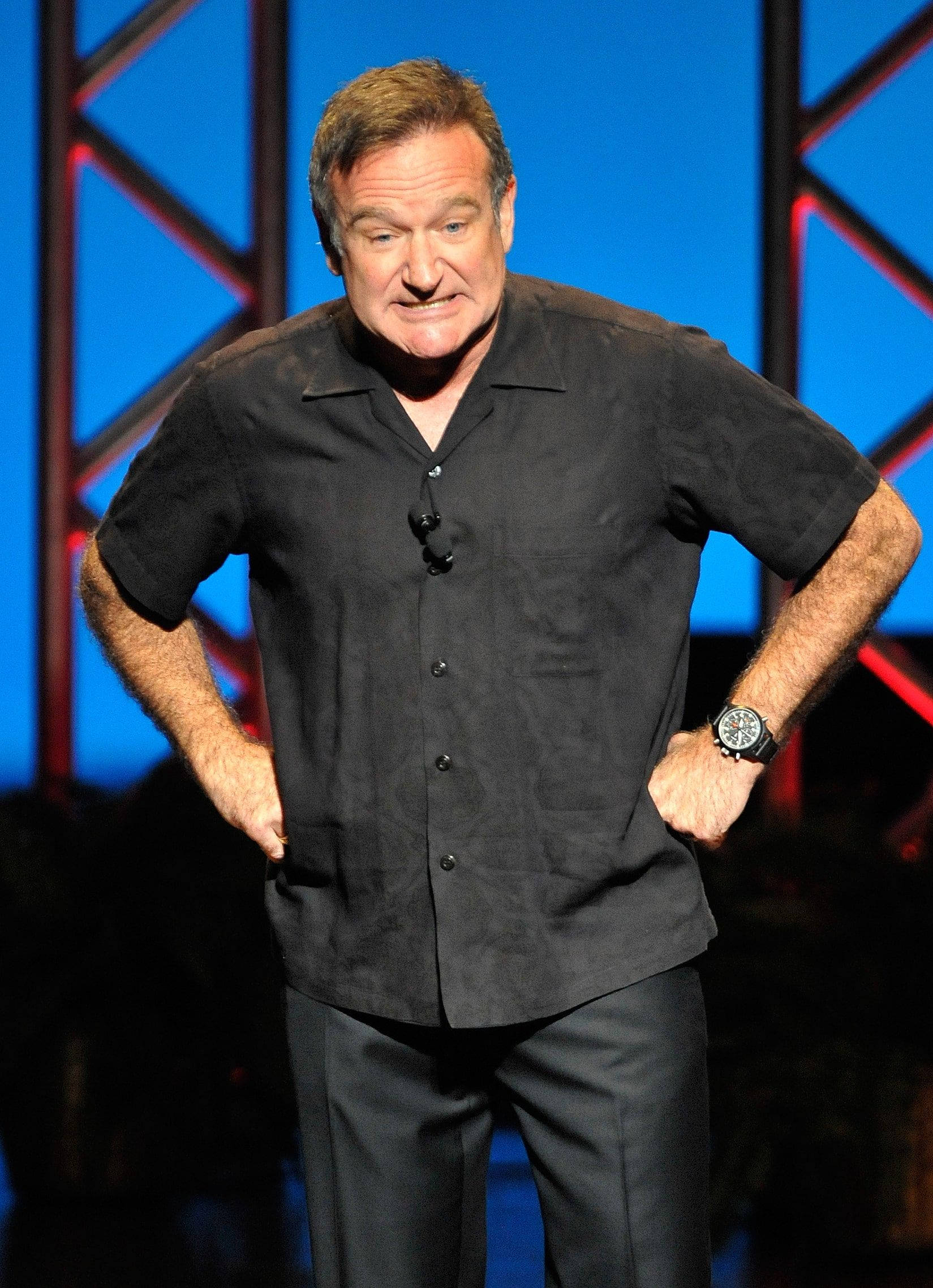Robin Williams, black shirt, blue and red geometric backdrop, Full HD Phone Wallpaper
