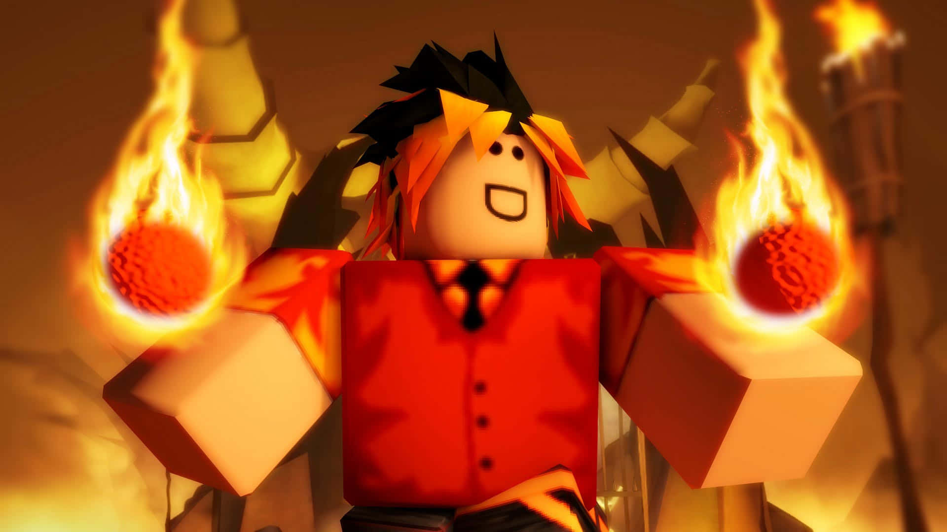 Roblox character, red shirt, flaming orbs, Full HD Desktop Wallpaper