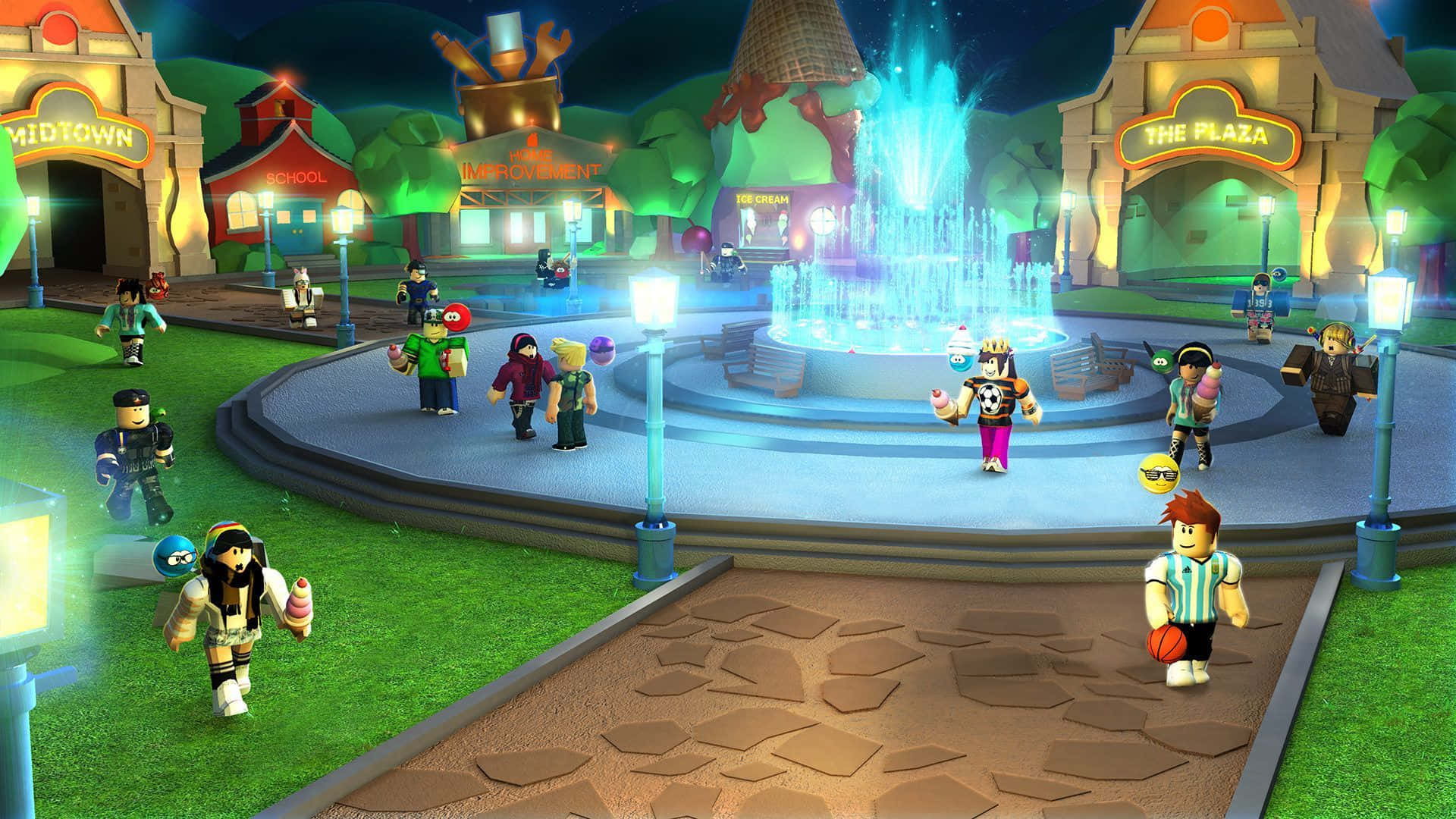 Adopt Me Roblox, glowing fountain, vibrant nighttime town square, Full HD Desktop Wallpaper
