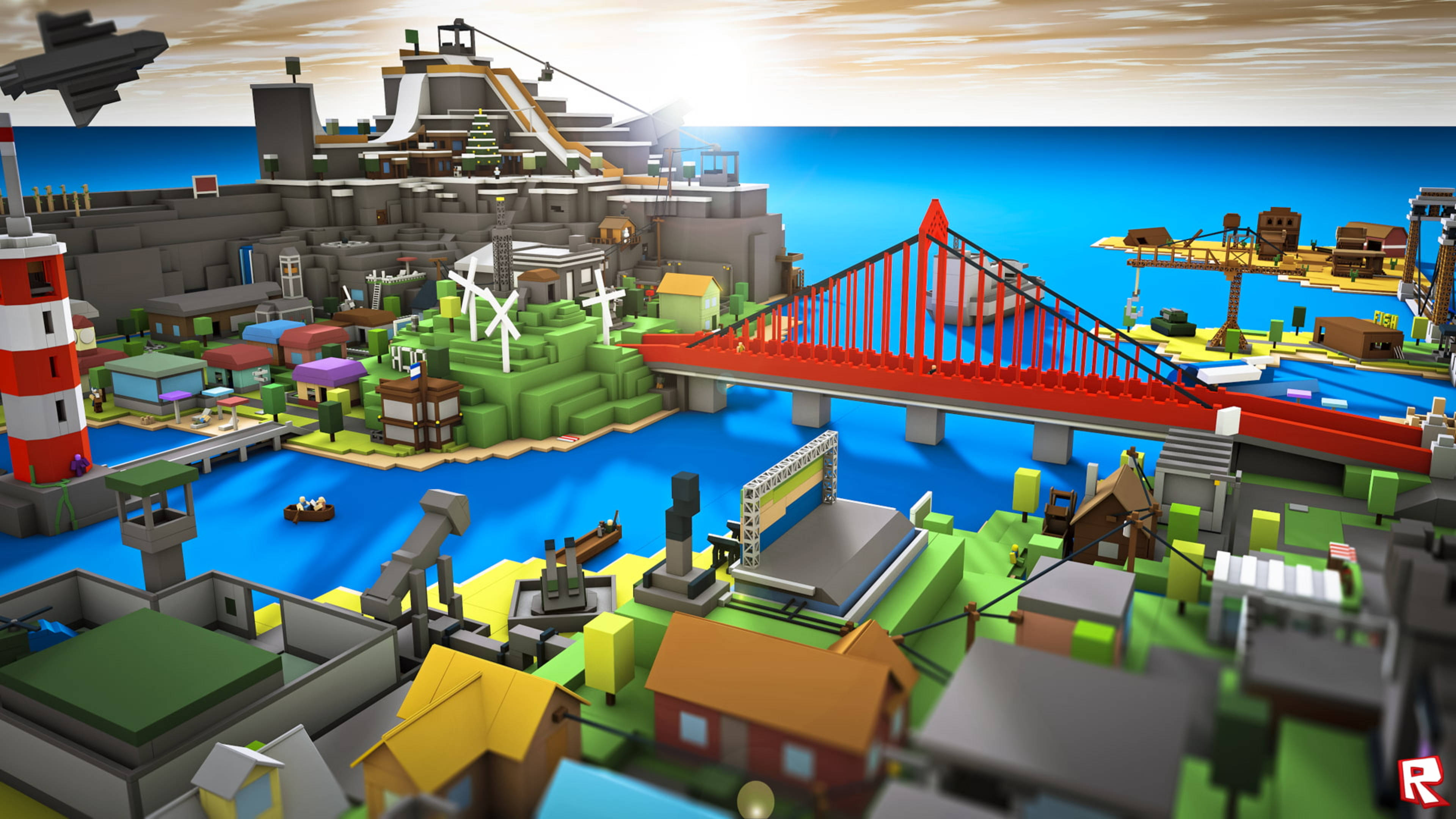 Roblox, blocky cityscape, red bridge, 4K Desktop Wallpaper