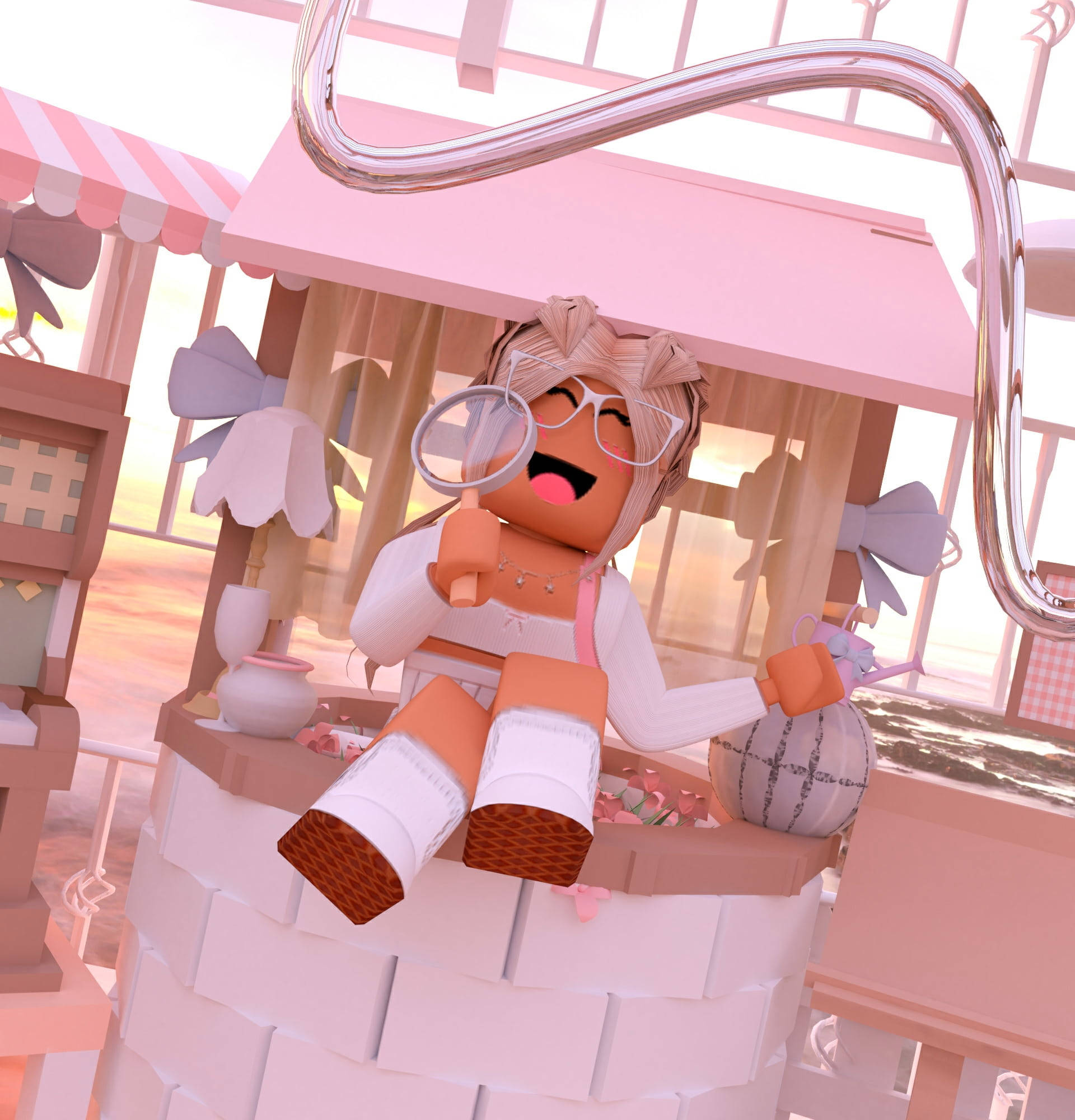 Roblox Aesthetic, pink hair, pink candy stall, Full HD Phone Wallpaper
