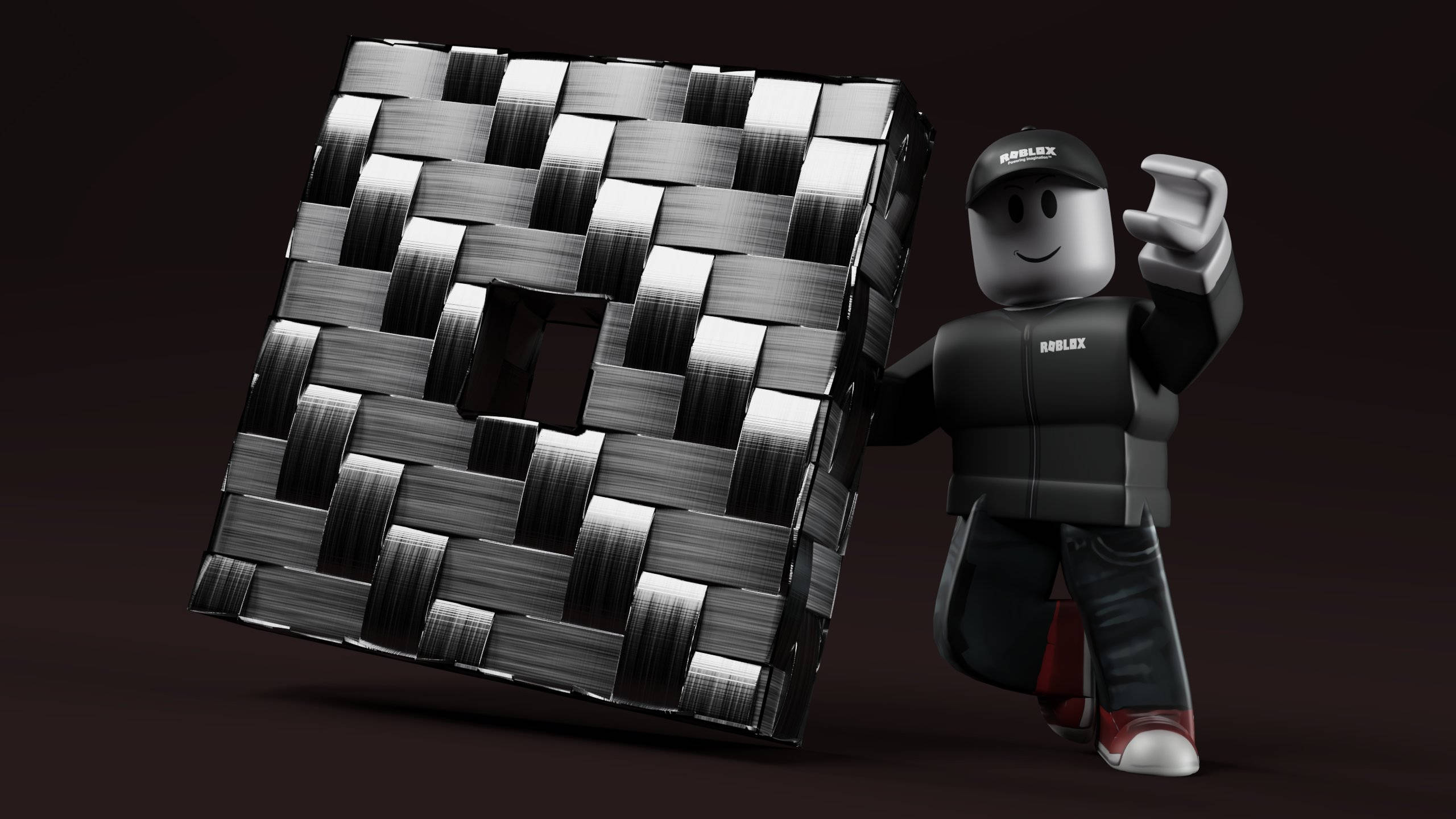 Roblox avatar, black gear, large woven metallic cube, 2K Desktop Wallpaper