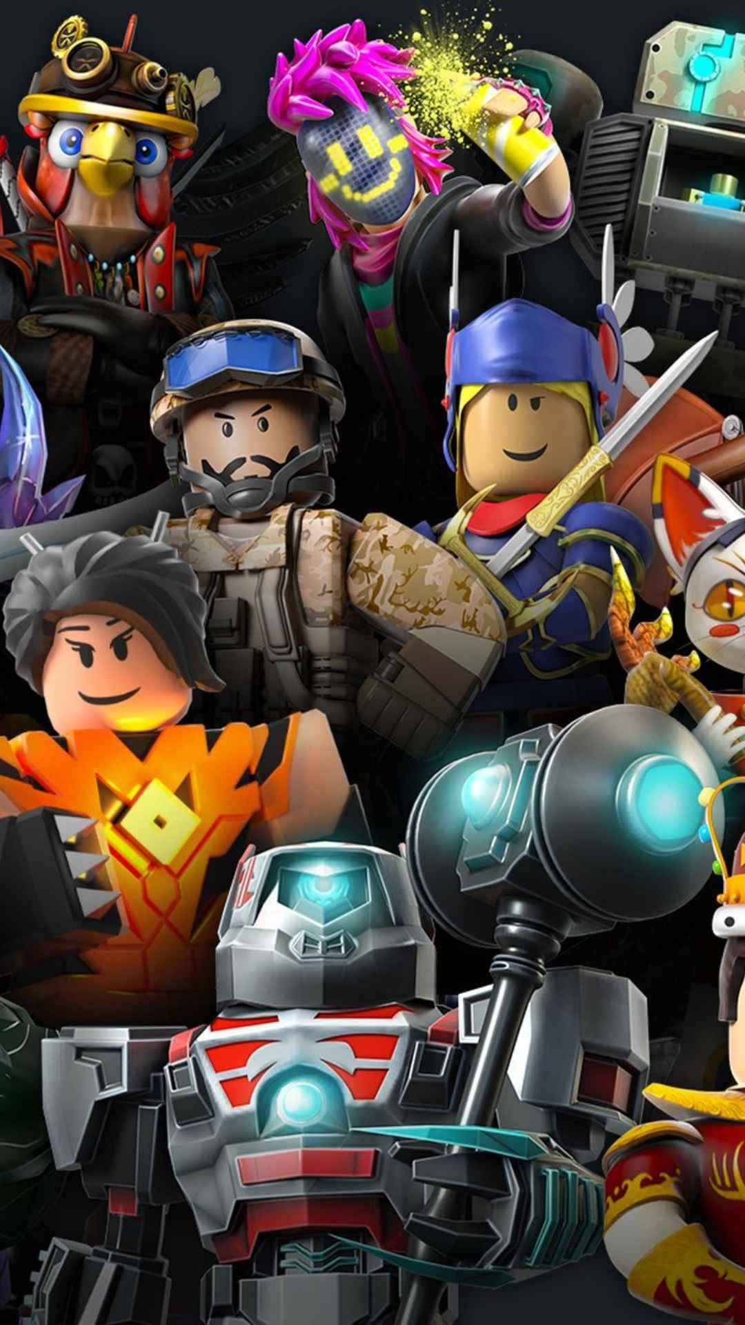 Roblox characters, glowing weapons, colorful outfits, Full HD Phone Wallpaper