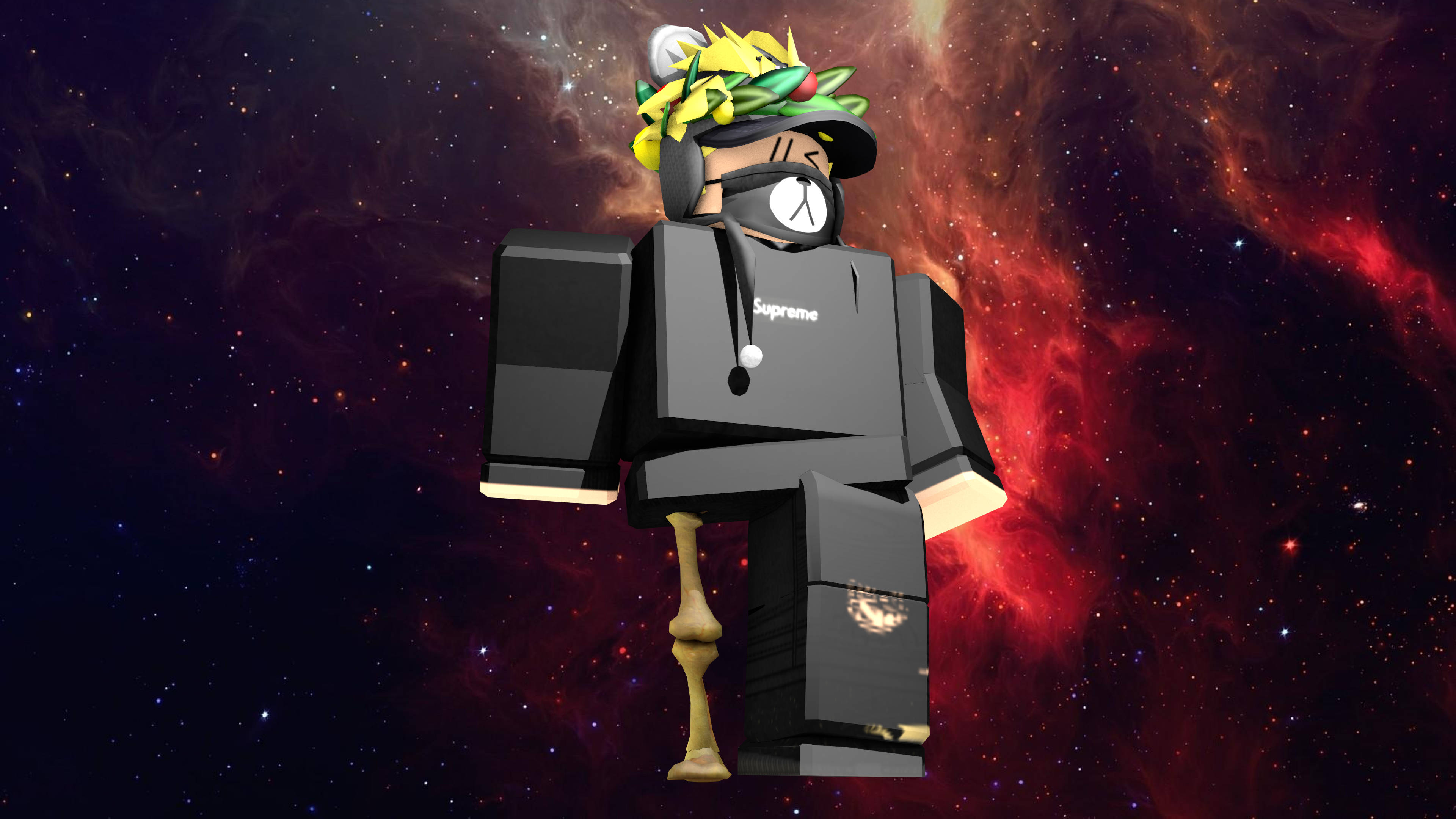 Roblox avatar, black Supreme outfit, leafy crown, 4K Desktop Wallpaper