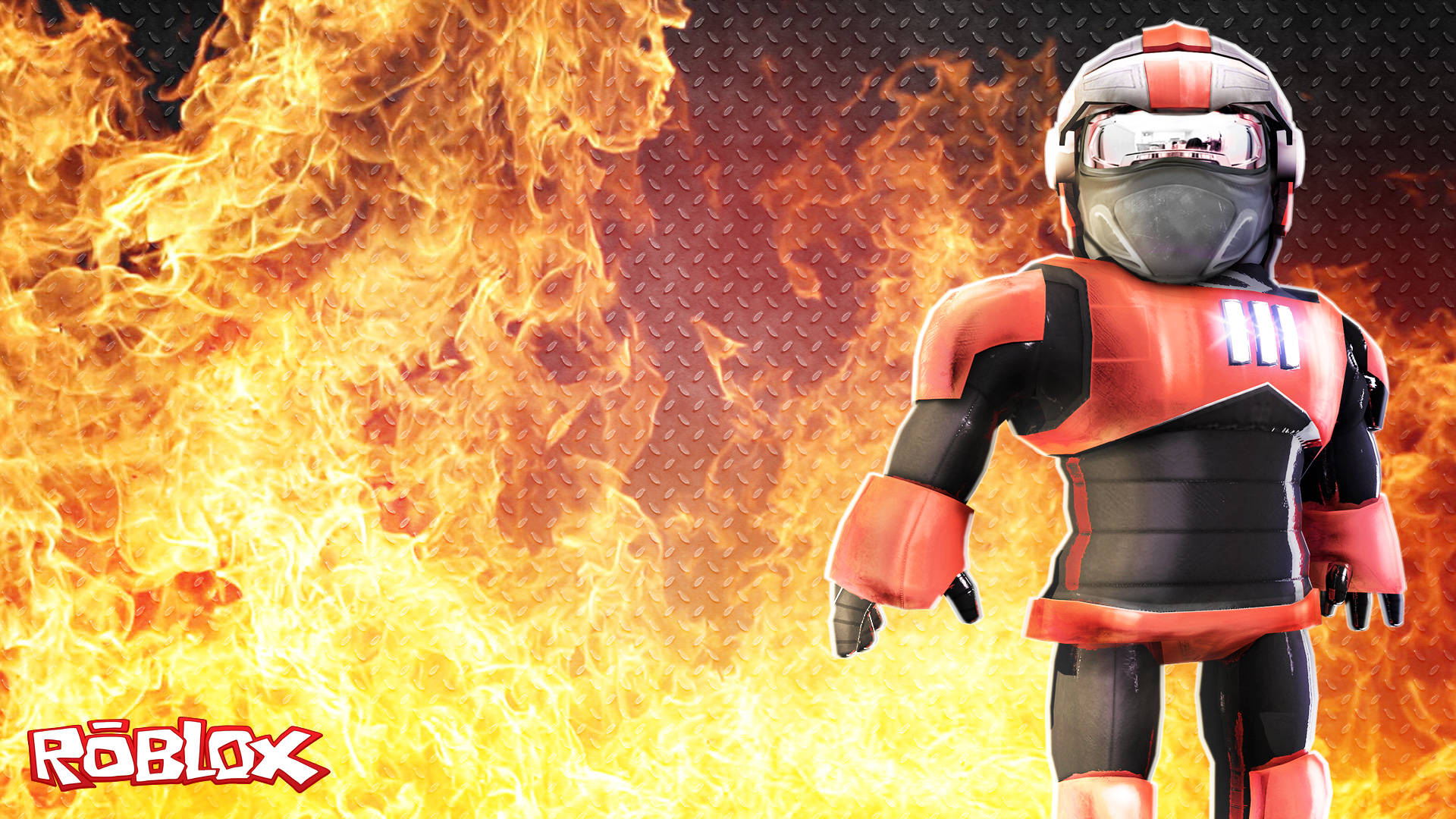 Roblox avatar, red and black armor, orange flames, Full HD Desktop Wallpaper
